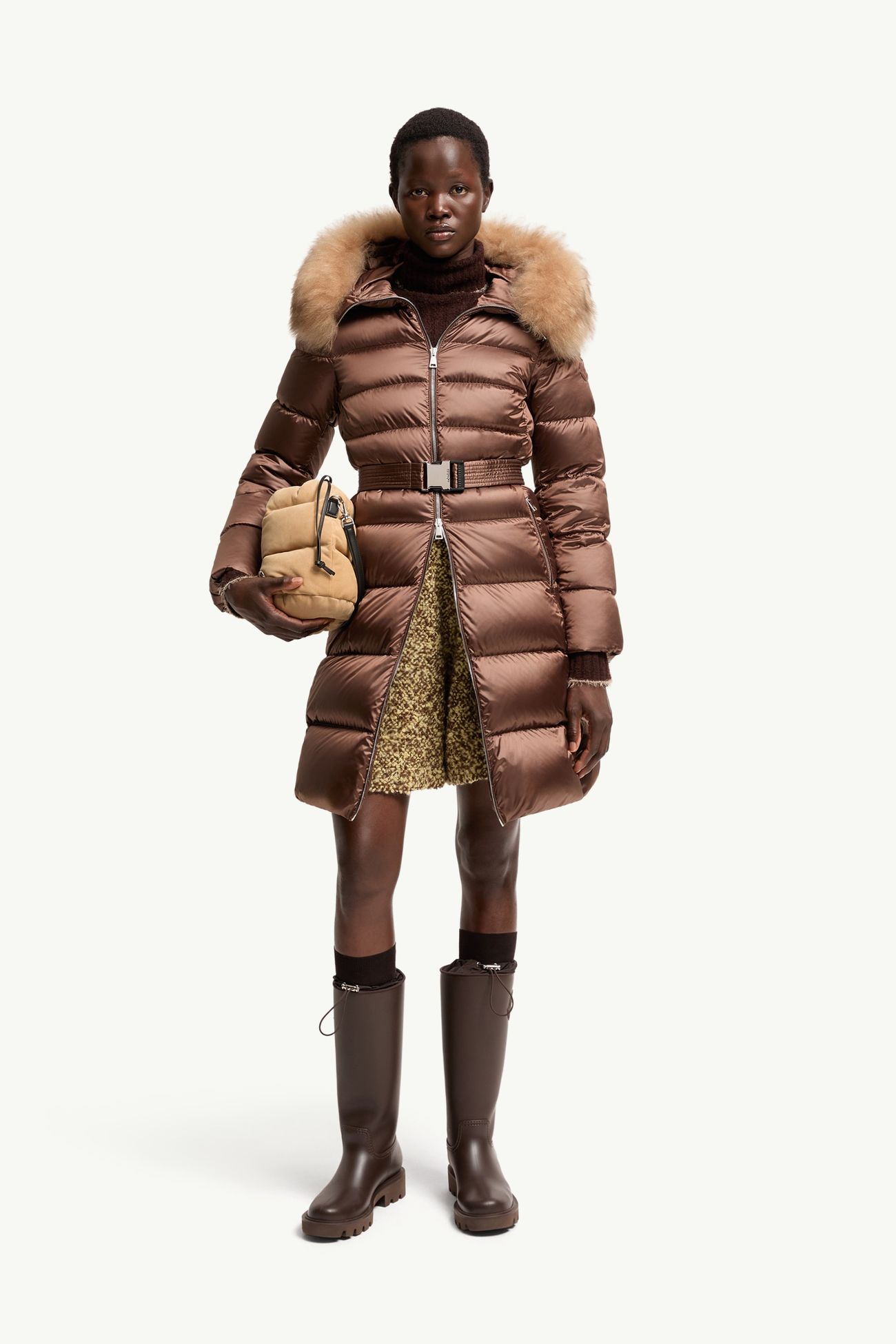 Leersies Shearling Trimmed Hooded Long Down Coat Women Brown Moncler 0