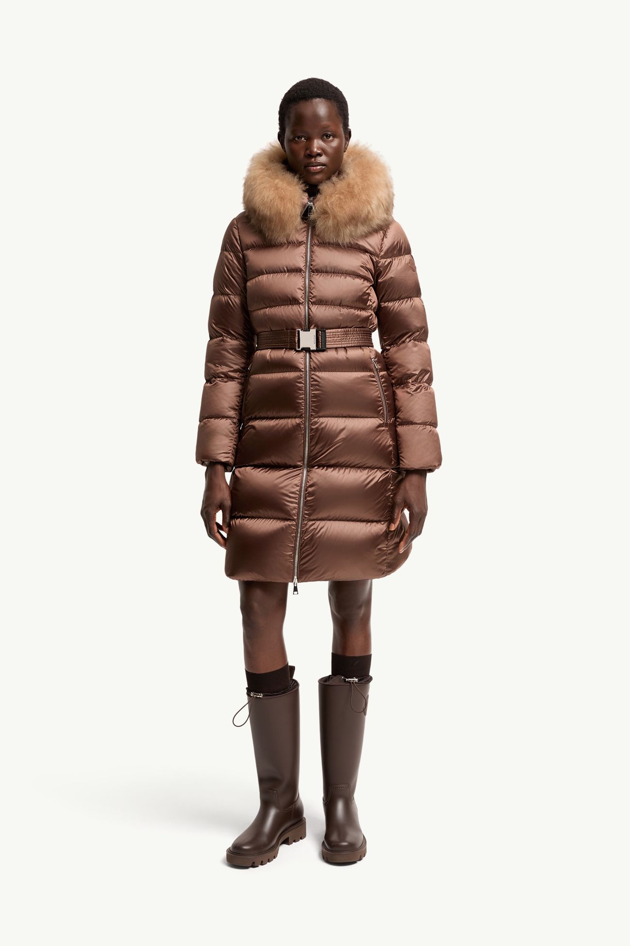 Leersies Shearling Trimmed Hooded Long Down Coat Women Brown Moncler 3