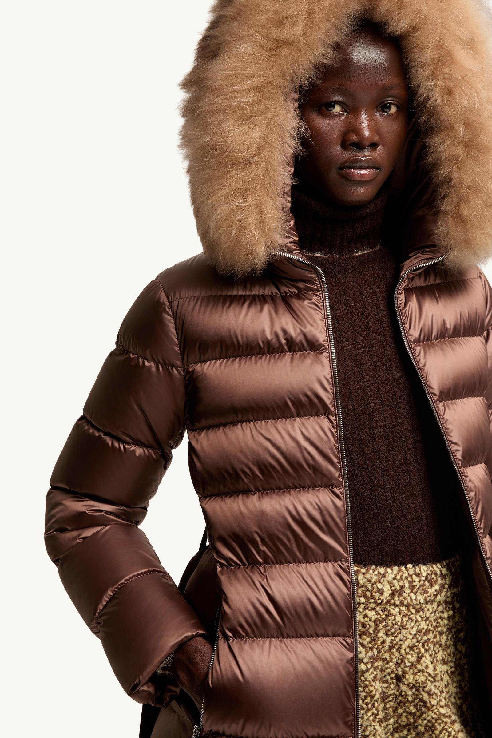 Brown Leersies Shearling Trimmed Hooded Long Down Coat - Long