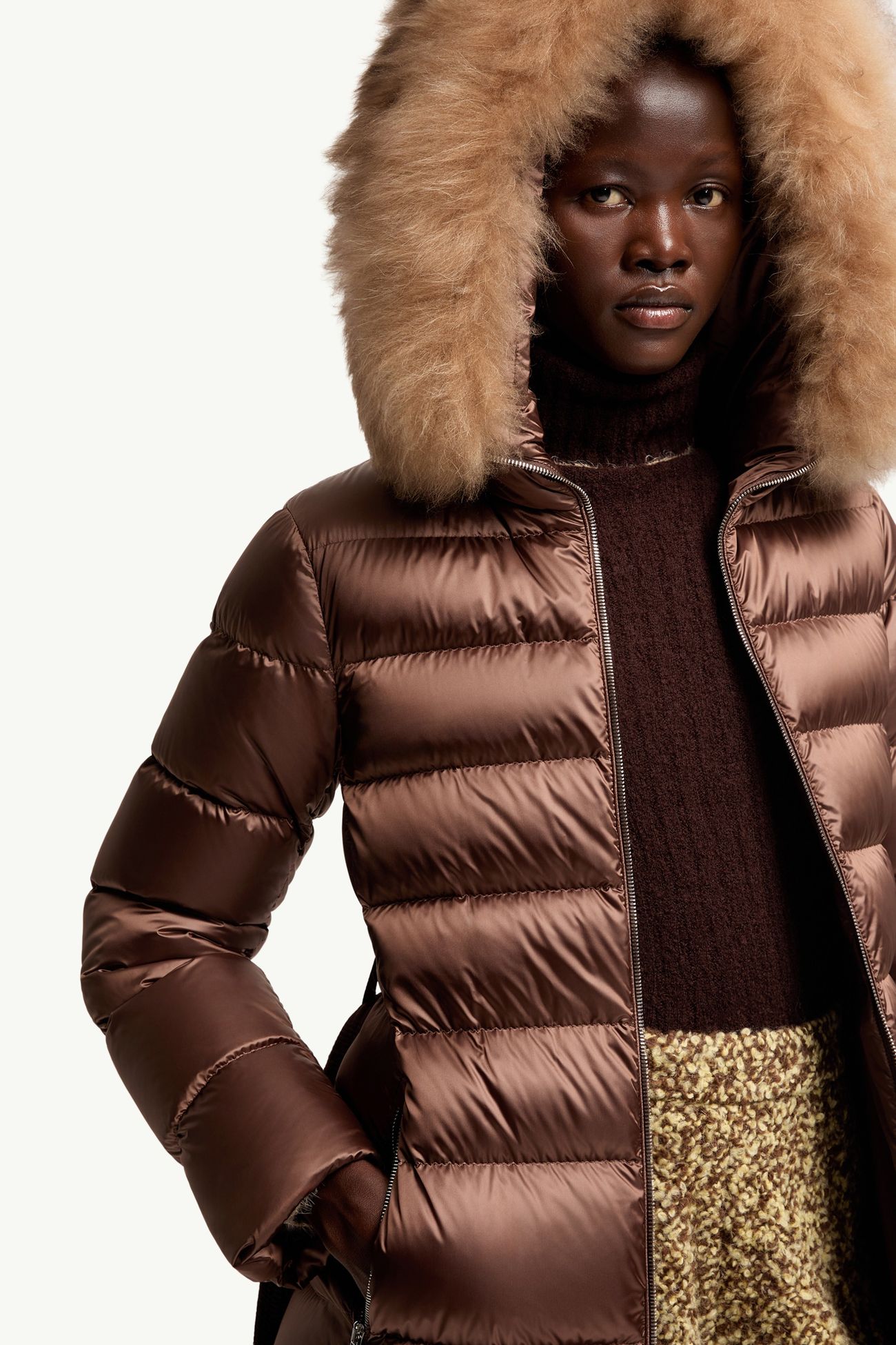 Leersies Shearling Trimmed Hooded Long Down Coat Women Brown Moncler 5