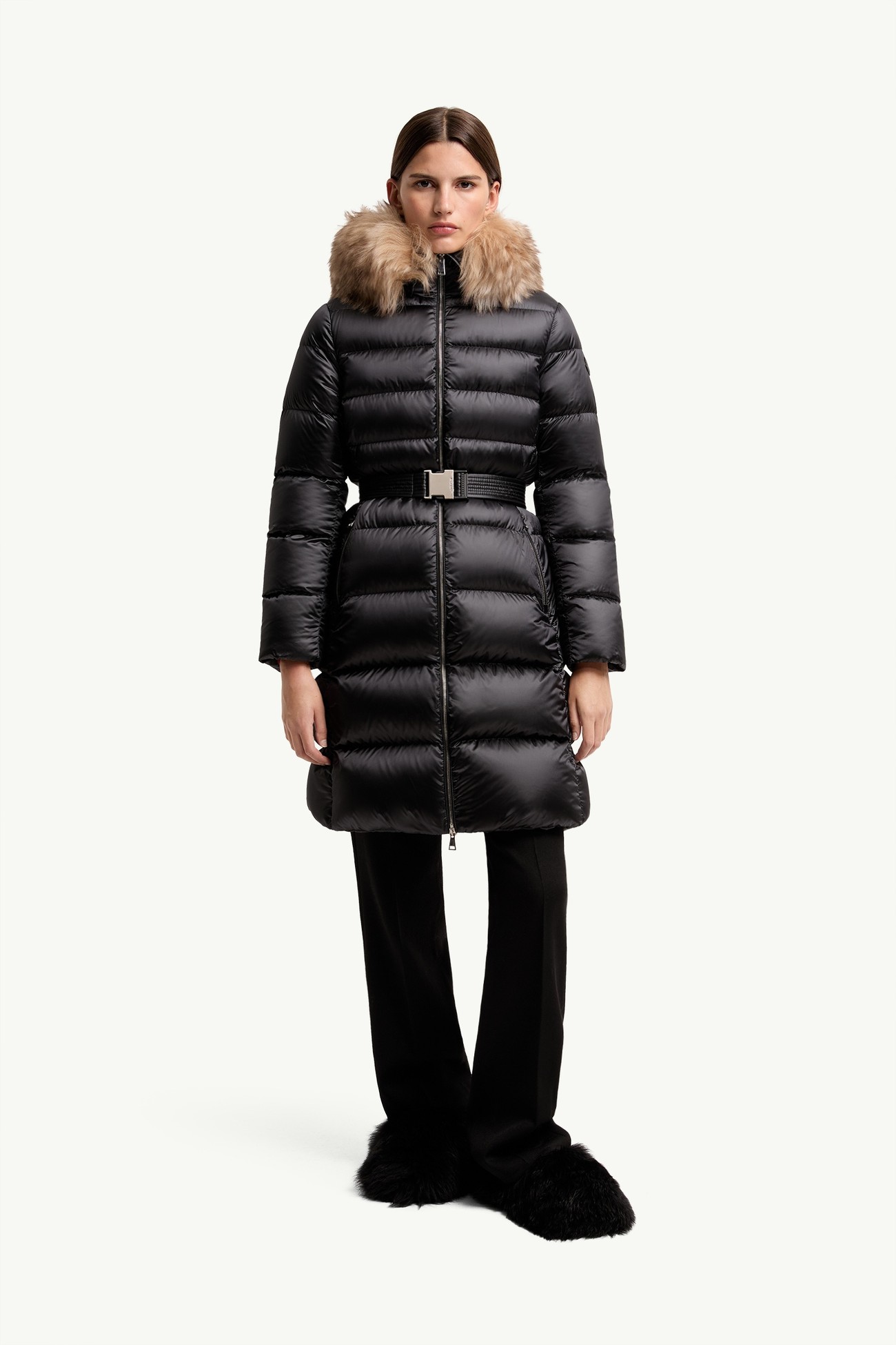 Leersies女士羊毛皮饰边连帽长款羽绒大衣 女士 黑色 Moncler 3