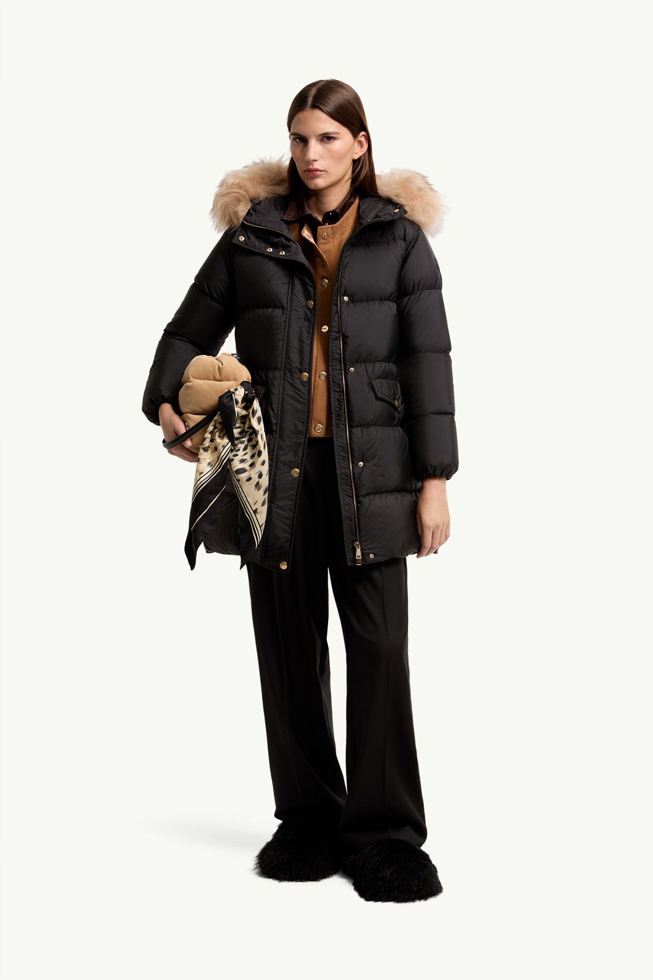 Aphroties Shearling Trimmed Hooded Long Down Parka Jacket Women Black & Beige Moncler 0