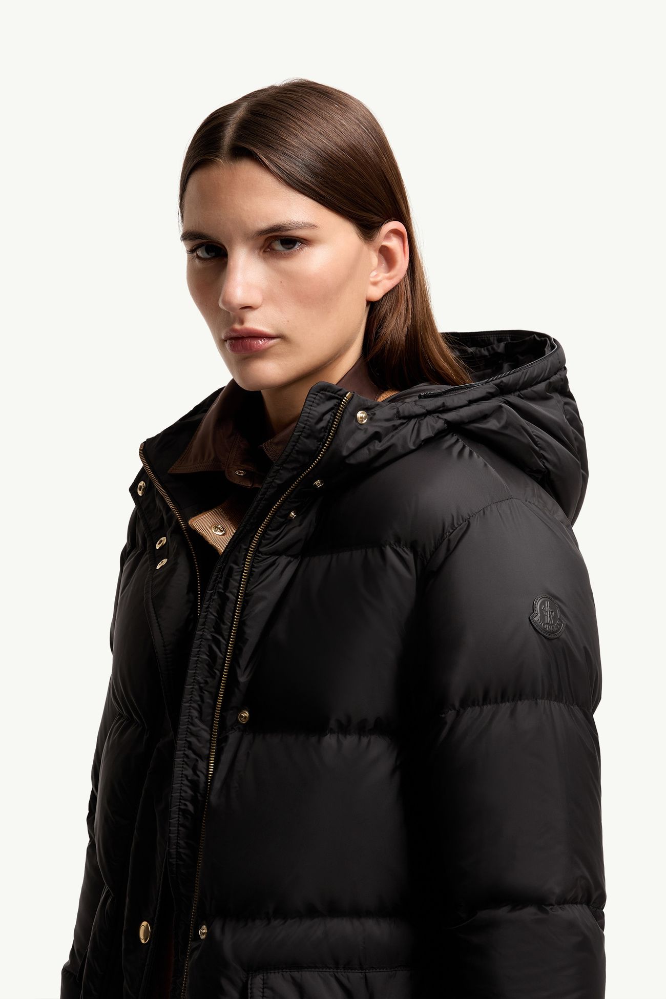 Aphroties Shearling Trimmed Hooded Long Down Parka Jacket Women Black & Beige Moncler 1