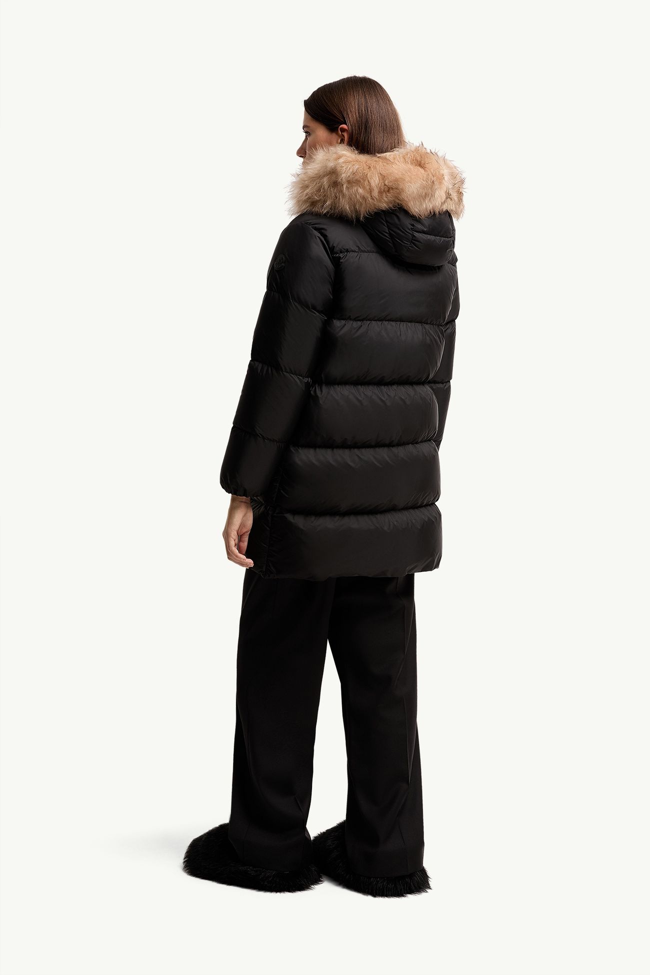 Aphroties Shearling Trimmed Hooded Long Down Parka Jacket Women Black & Beige Moncler 4