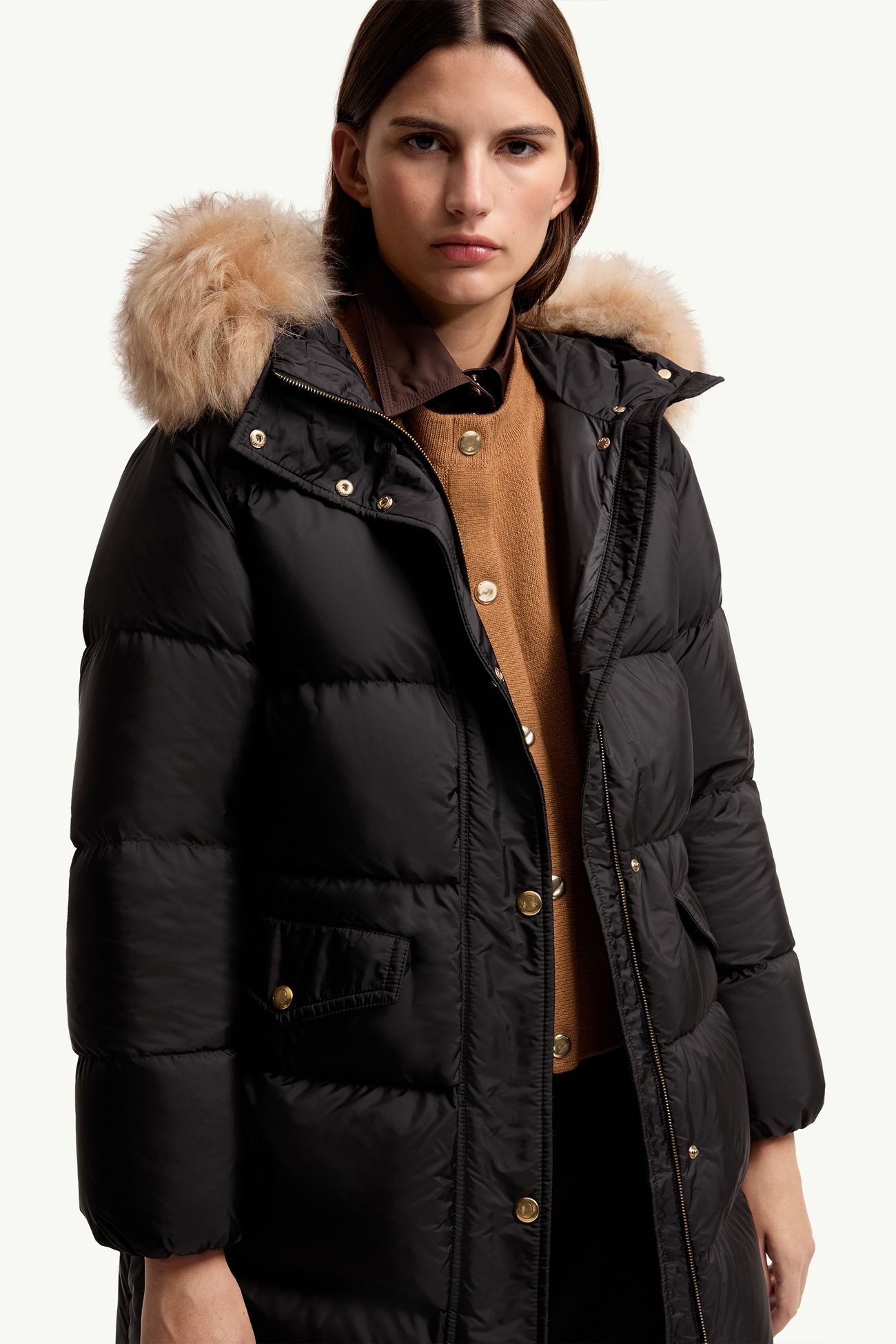 Aphroties Shearling Trimmed Hooded Long Down Parka Jacket Women Black & Beige Moncler 5