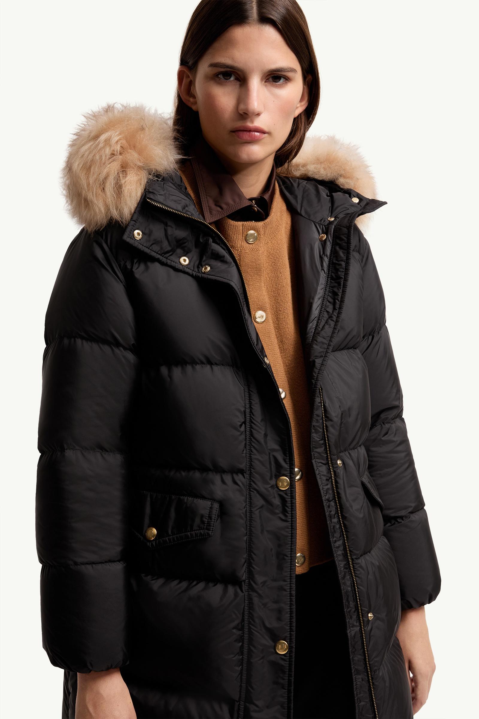 Black & Beige Aphroties Shearling Trimmed Hooded Long Down Parka