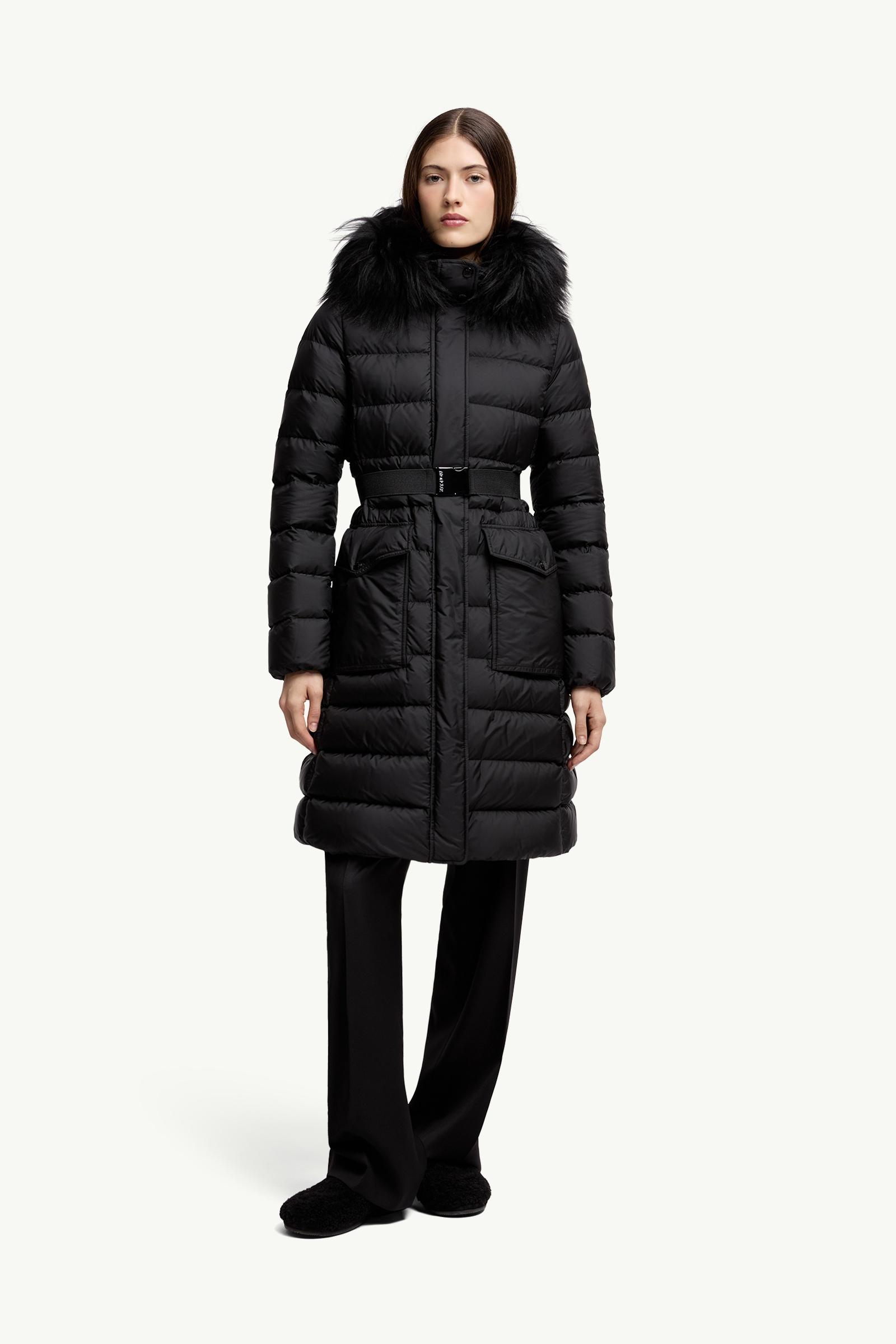 MONCLER ブラック ロングダウンジャケット ファー付き ブラック 