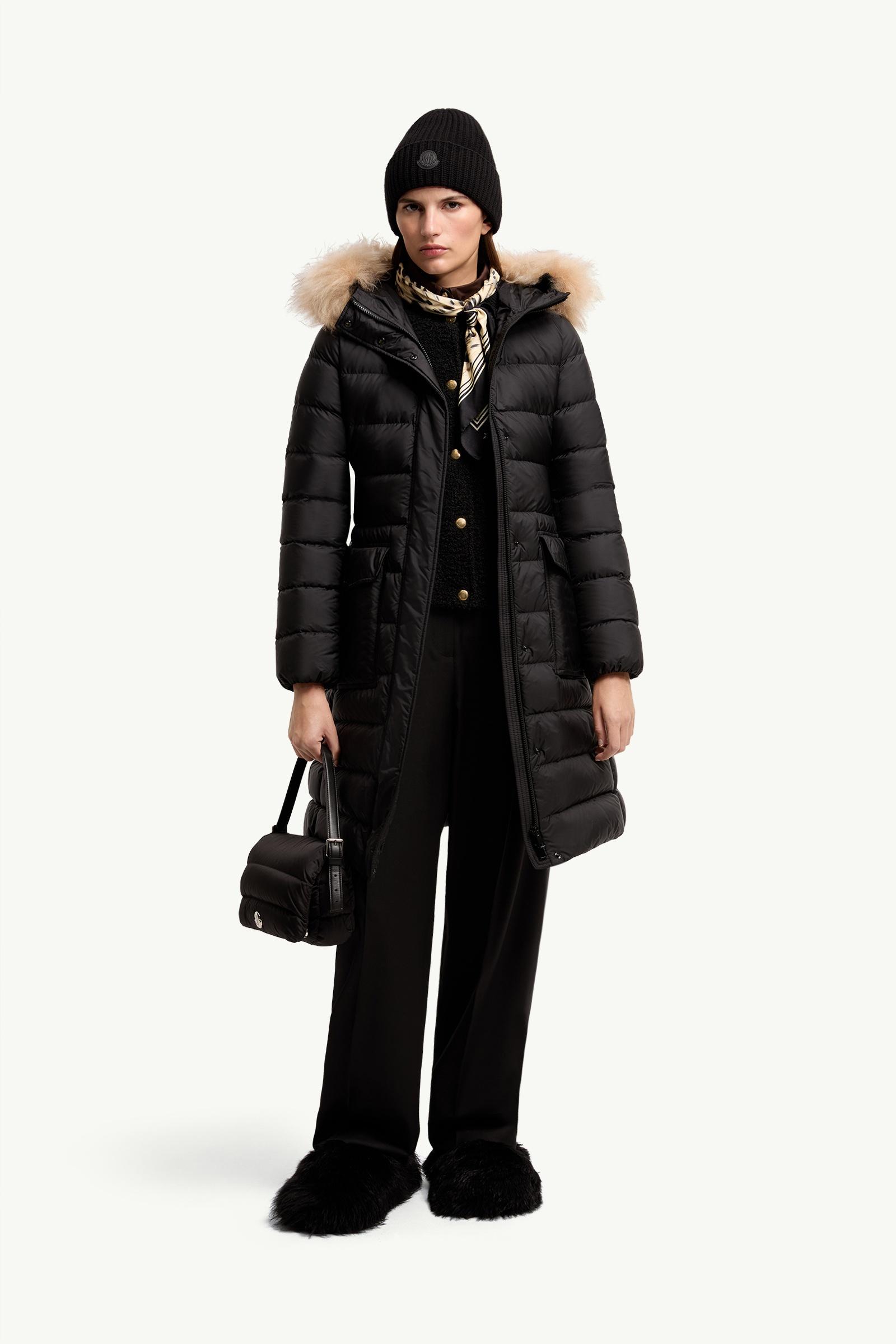 Black & Beige Khloesse Shearling-Trimmed Hooded Long Down Jacket