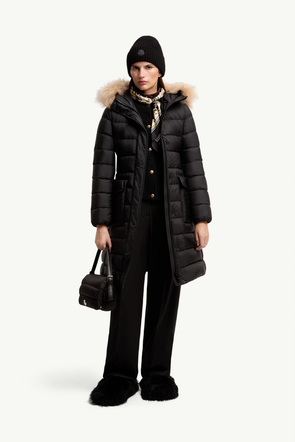Khloesse 시어링 트리밍 후드 롱 다운 재킷 여성 블랙 & 베이지 Moncler 0