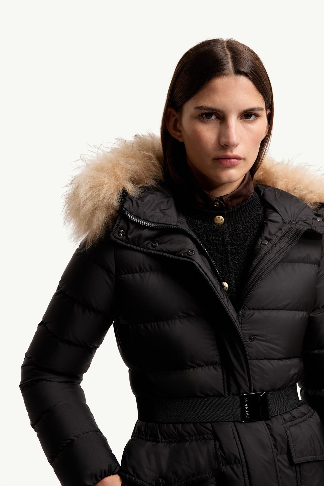 Khloesse 시어링 트리밍 후드 롱 다운 재킷 여성 블랙 & 베이지 Moncler 5