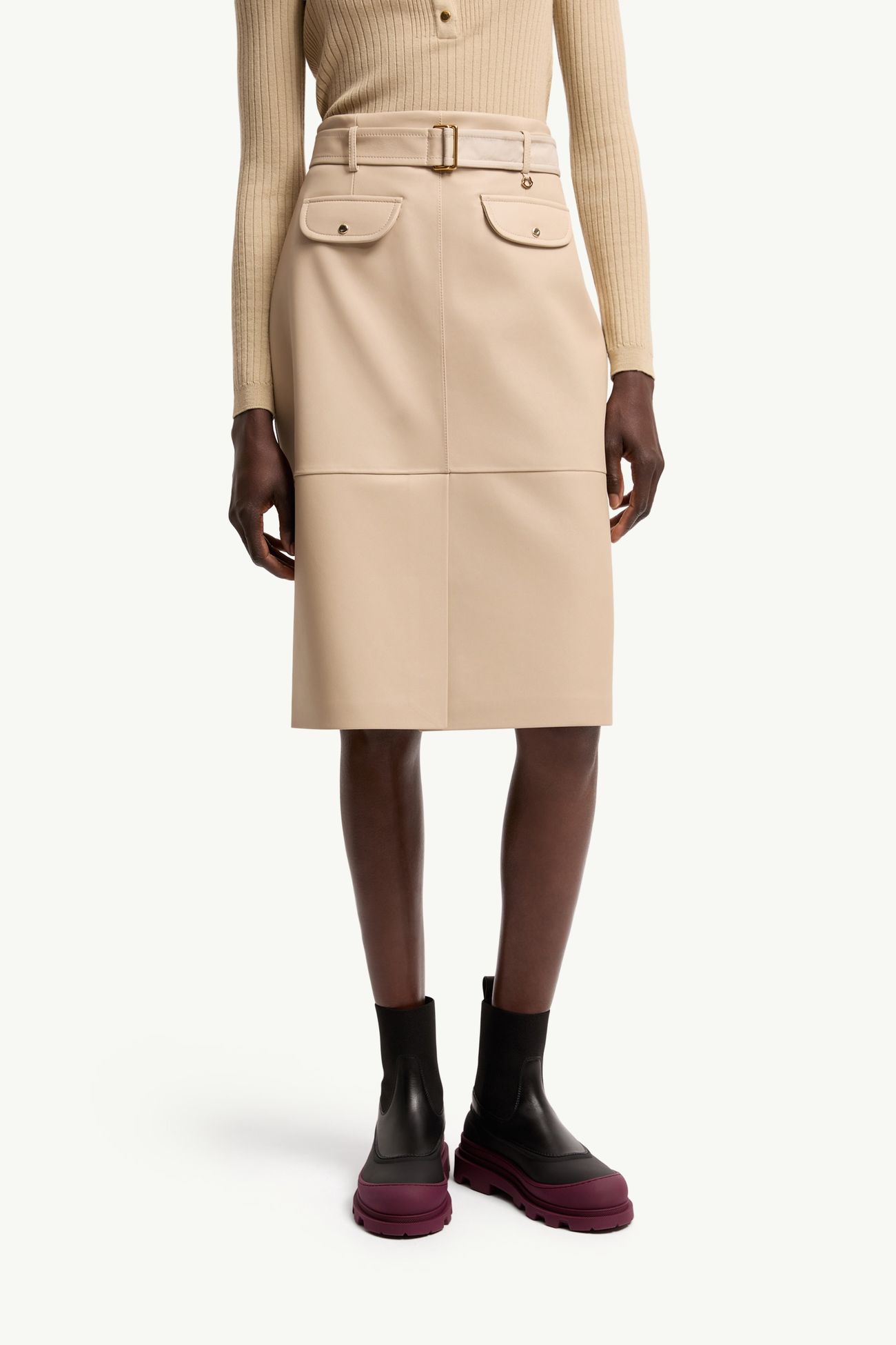 及膝皮革半截裙 女士 淺米色 Moncler 3