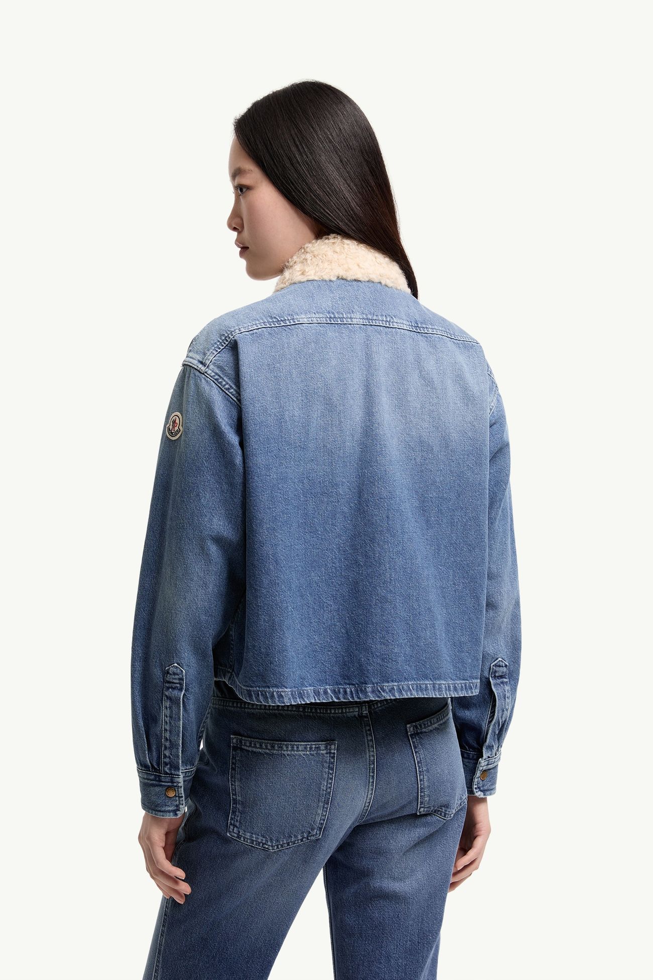 Teddy Trim Denim Shirt Jacket Women Denim Blue Moncler 4