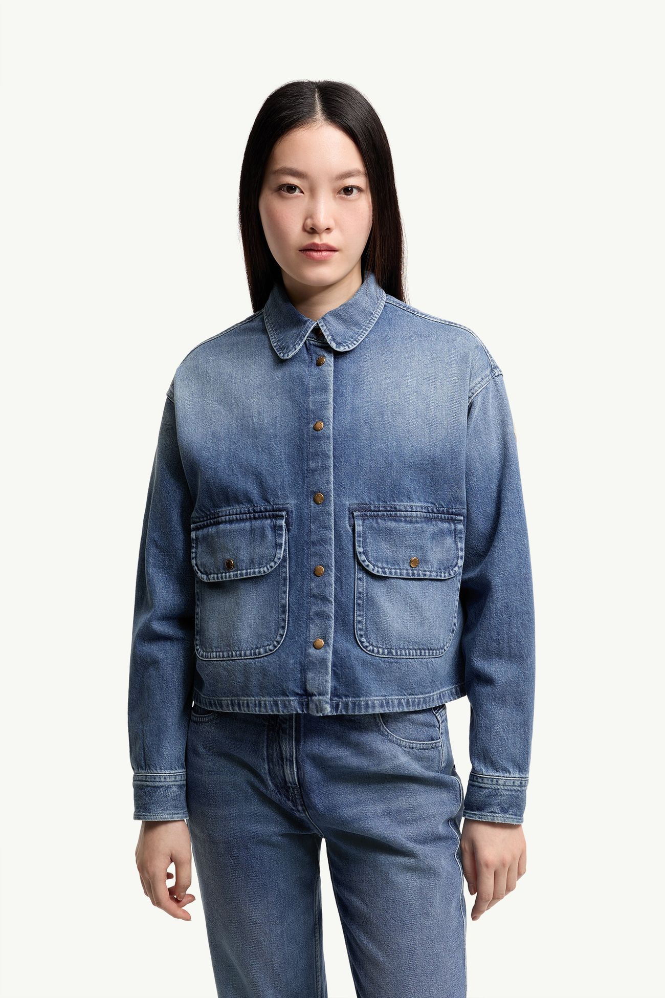 Teddy Trim Denim Shirt Jacket Women Denim Blue Moncler 5
