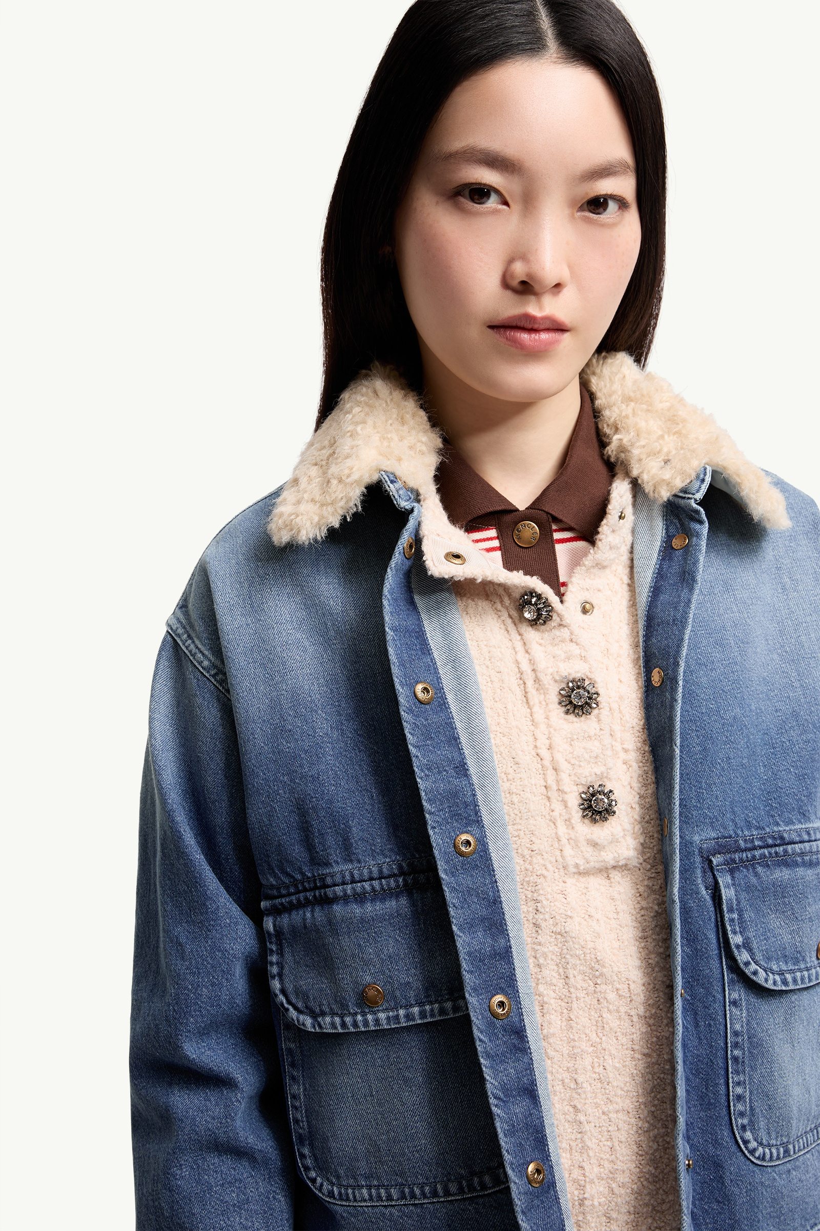 MONCLER デニムシャツ ライトブルー サイズM Denim Blue Teddy Trim Denim Shirt - Lightweight Down Jackets for