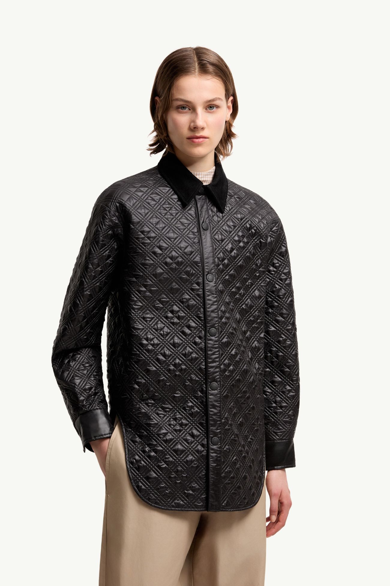 Chaqueta camisera acolchada con ribetes de pana Mujer Negro Moncler 3