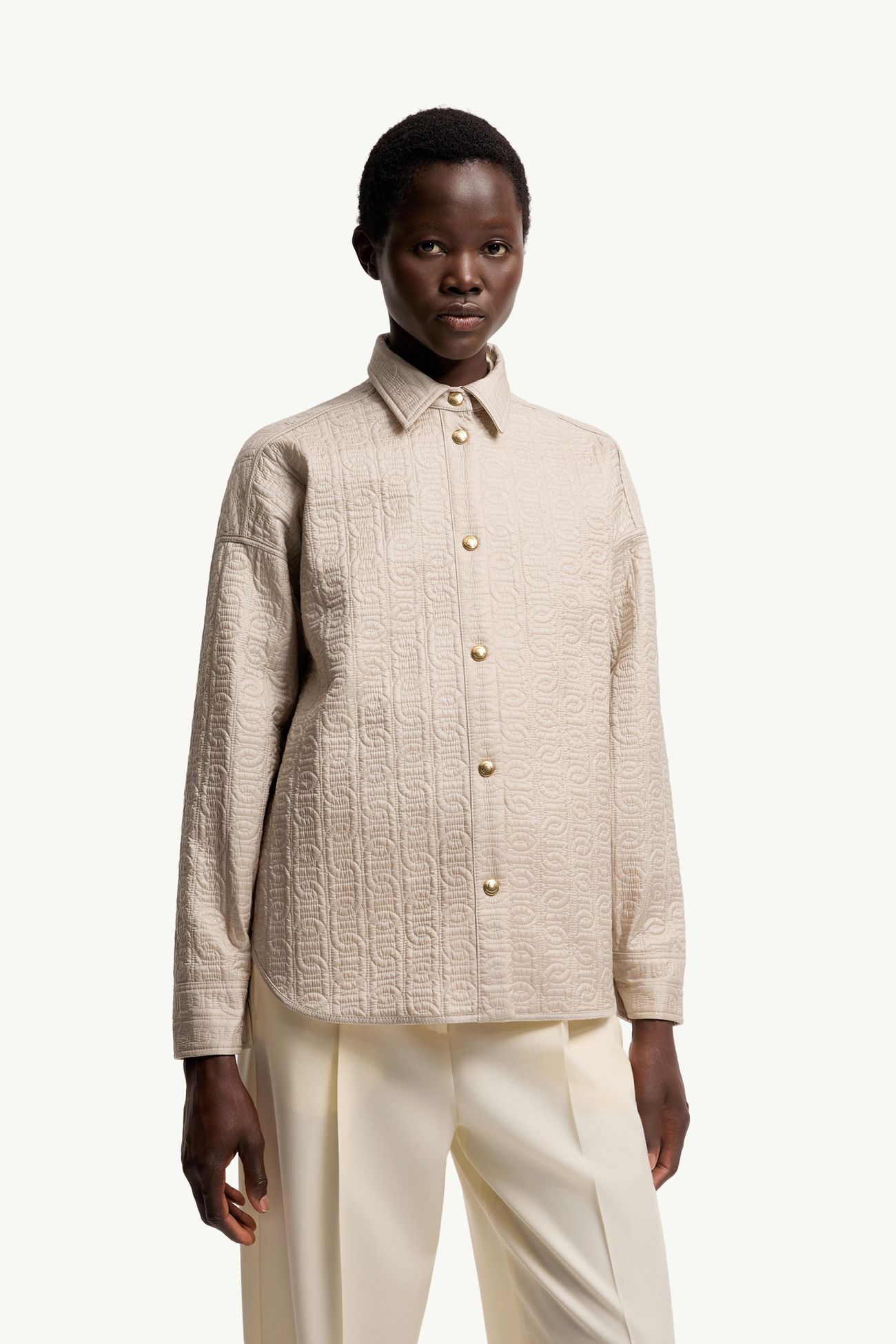 Chain Quilted Padded Shirt Jacket Women Light Beige Moncler 5