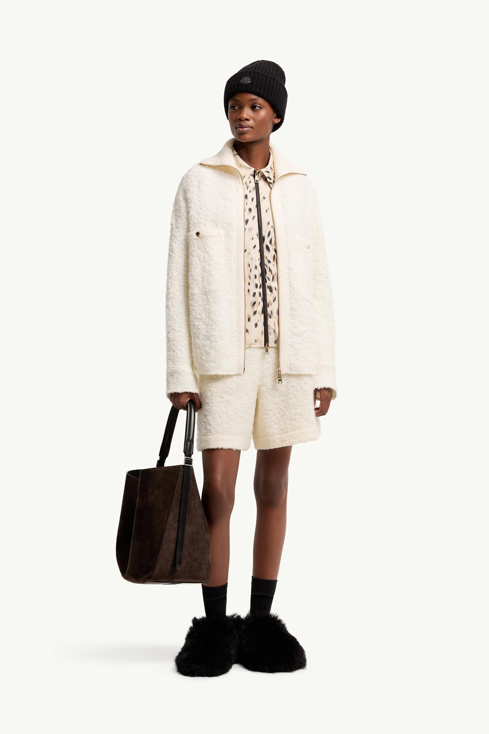 White Ivory Tweed Zip-Up Shirt Jacket - Lightweight Down Jackets