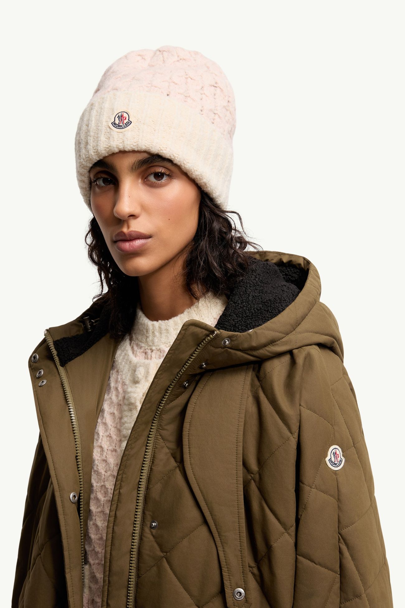 Mouliné麻花針織羊毛混紡冷帽 女士 白色和粉紅色 Moncler 1