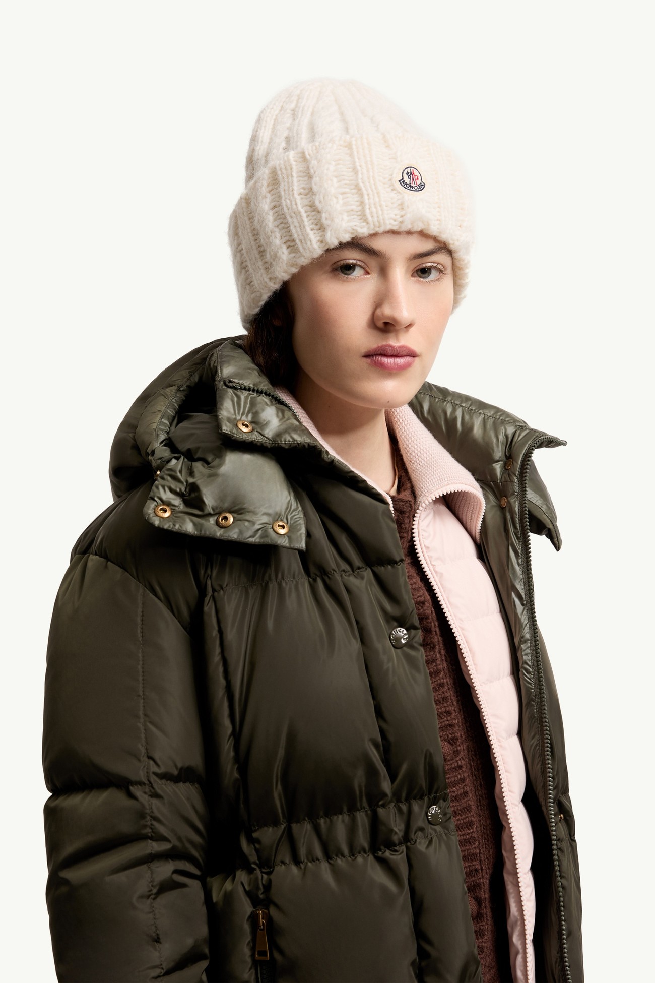 Bonnet en laine mélangée à maille torsadée Femmes Blanc Moncler 1