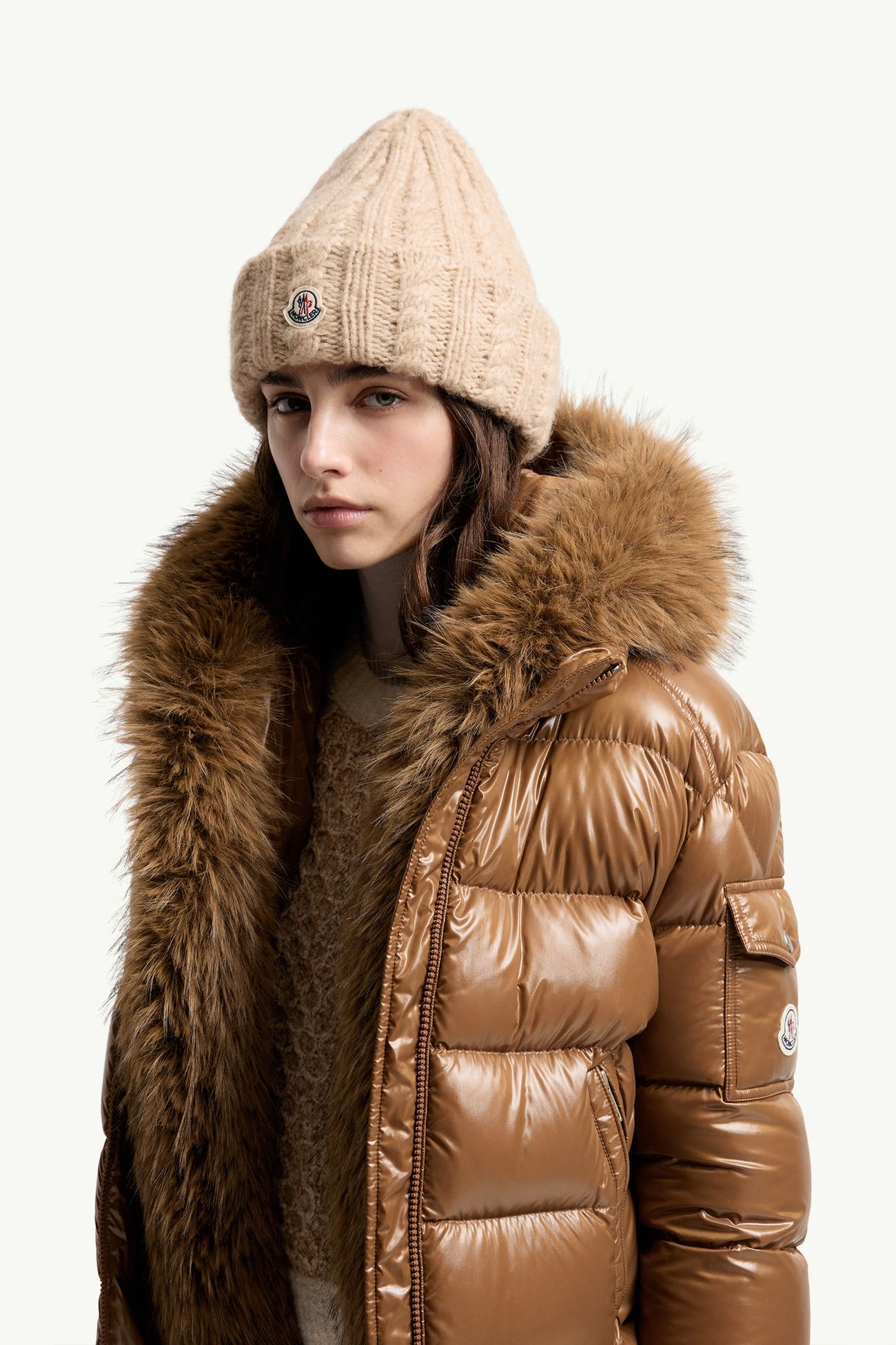 Mütze aus Wollmischung mit Zopfmusterstrick Damen Hellbeige Moncler 1