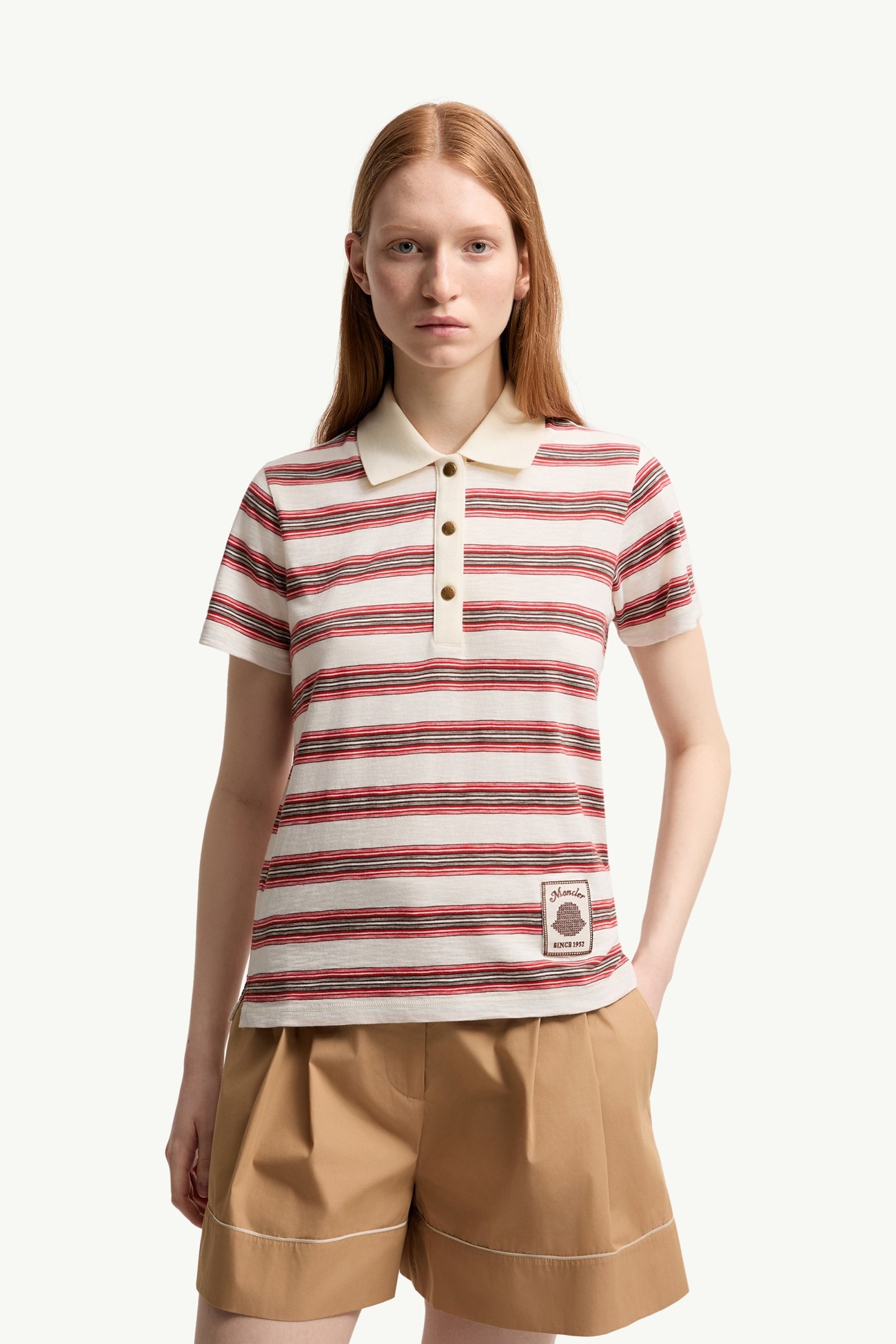 Striped Cotton Polo Shirt Women White & Red Moncler 3