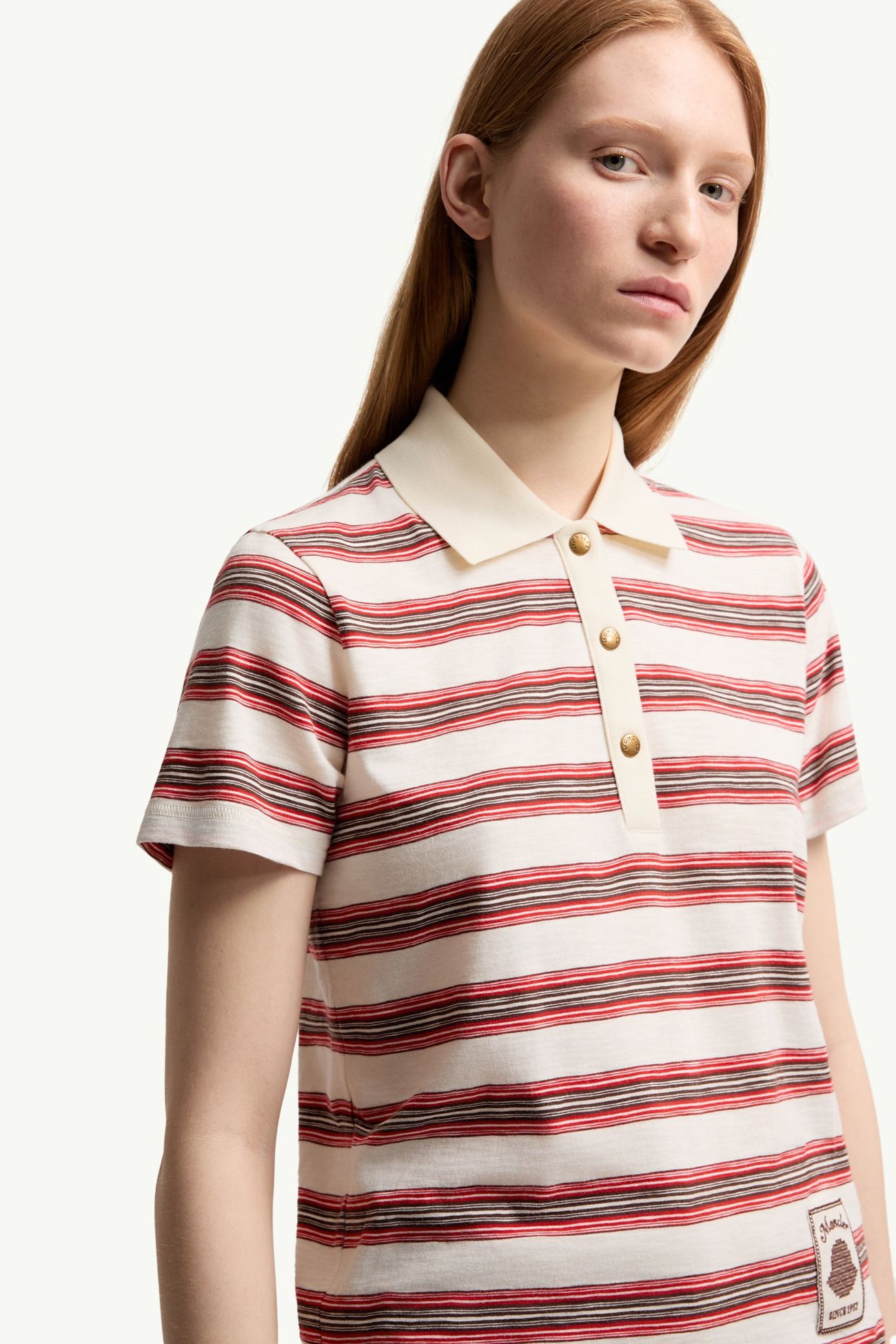 Striped Cotton Polo Shirt Women White & Red Moncler 5