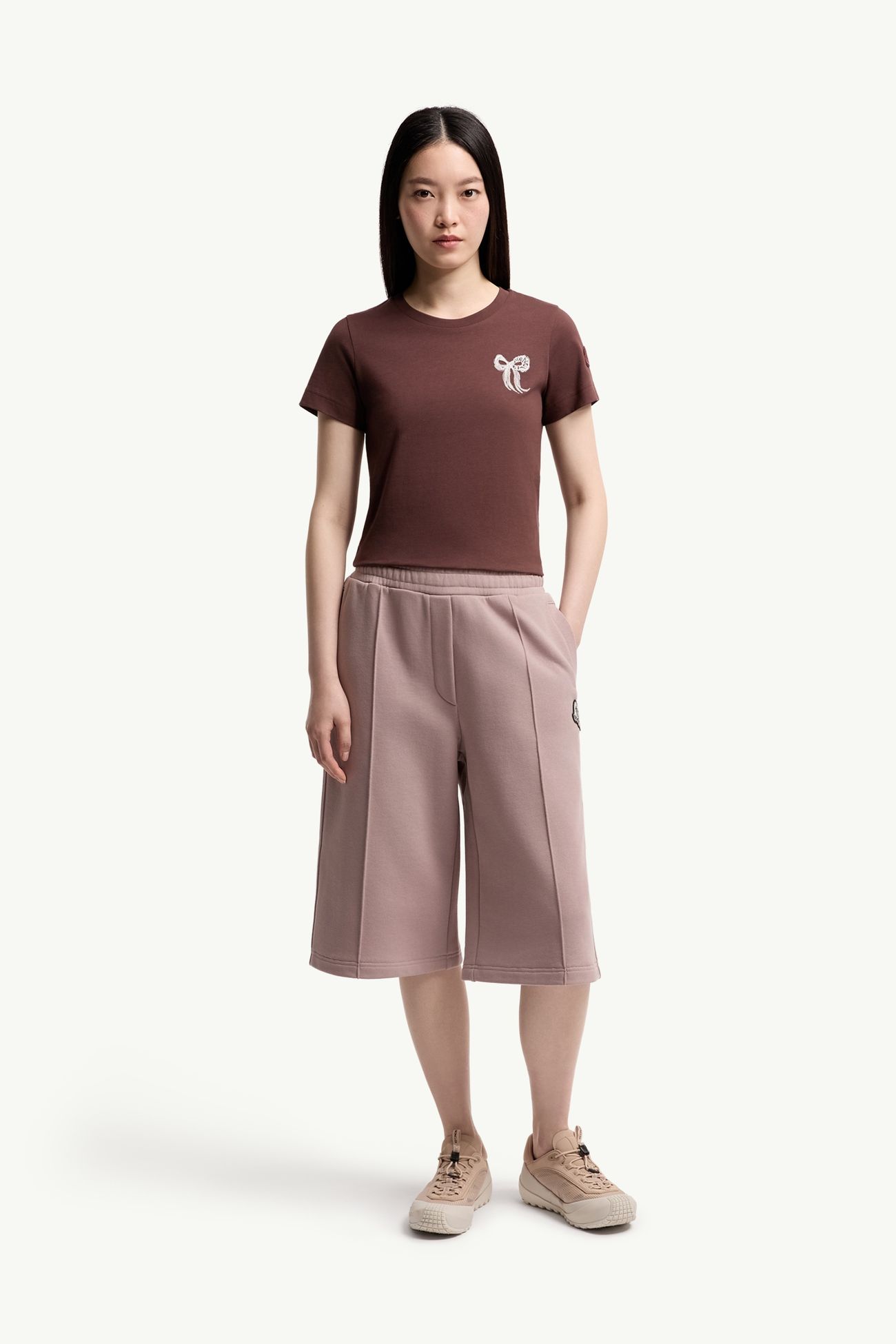 T-shirt in cotone con fiocco ricamato Donna Marrone Moncler 0