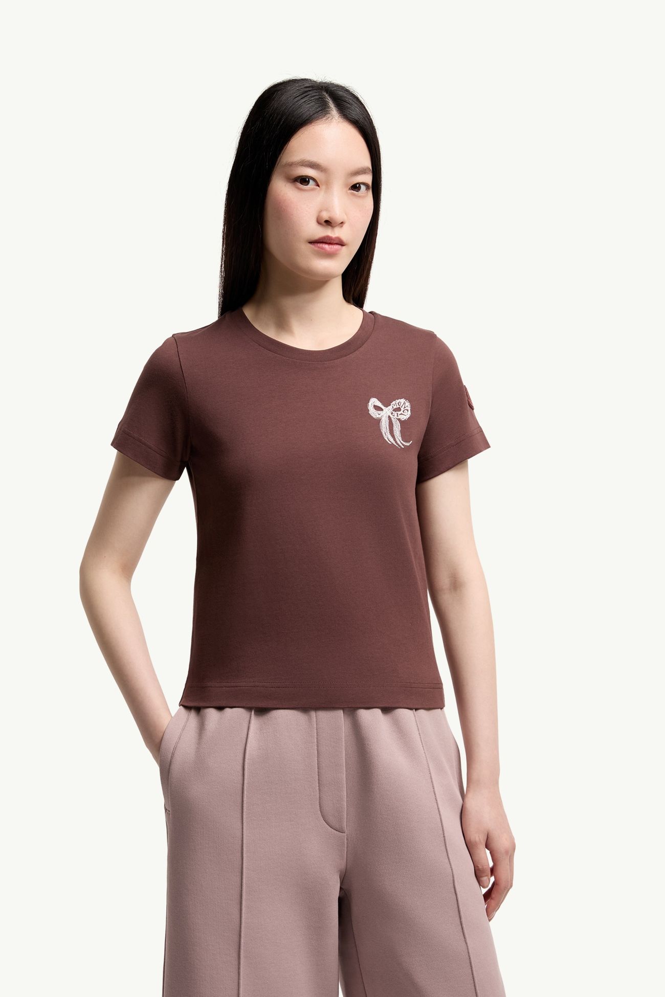 T-Shirt aus Baumwolle mit gestickter Schleife Damen Braun Moncler 3