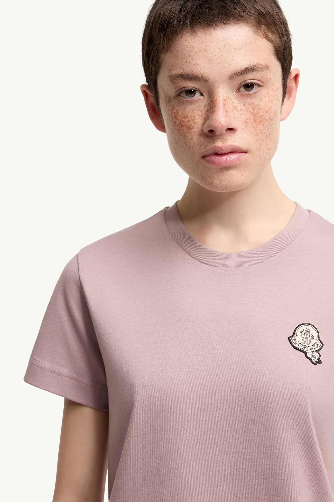 T-Shirt aus Baumwolle mit Logo-Aufnäher Damen Hellpink Moncler 5