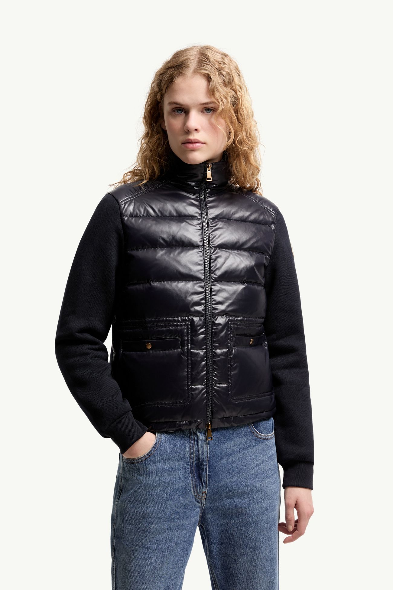 Cotton Zip-Up Sweatshirt with Nylon Front Women Dark Blue Moncler 3
