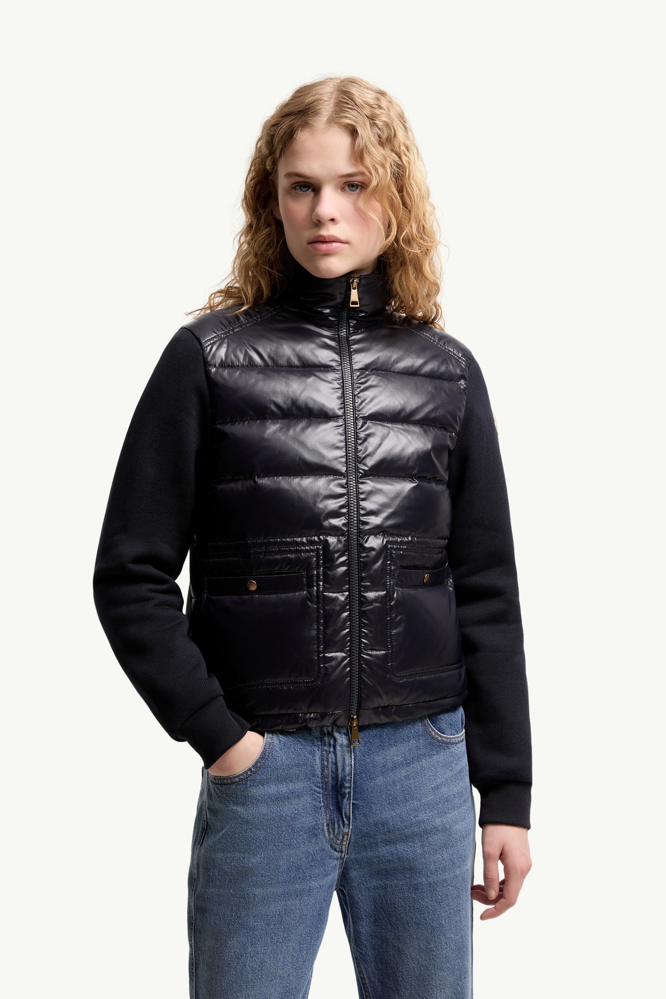 Cotton Zip-Up Sweatshirt with Nylon Front Women Dark Blue Moncler 3