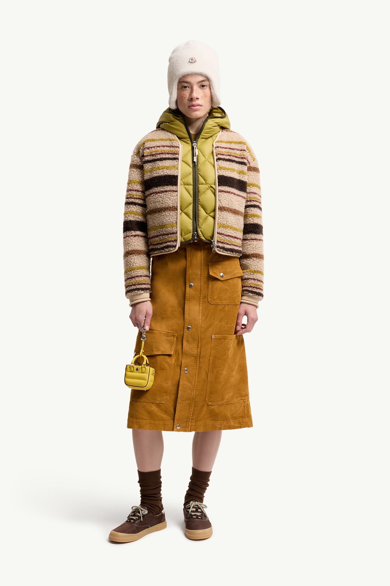 Striped Teddy Zip-Up Cardigan Women Beige & Brown Moncler 0
