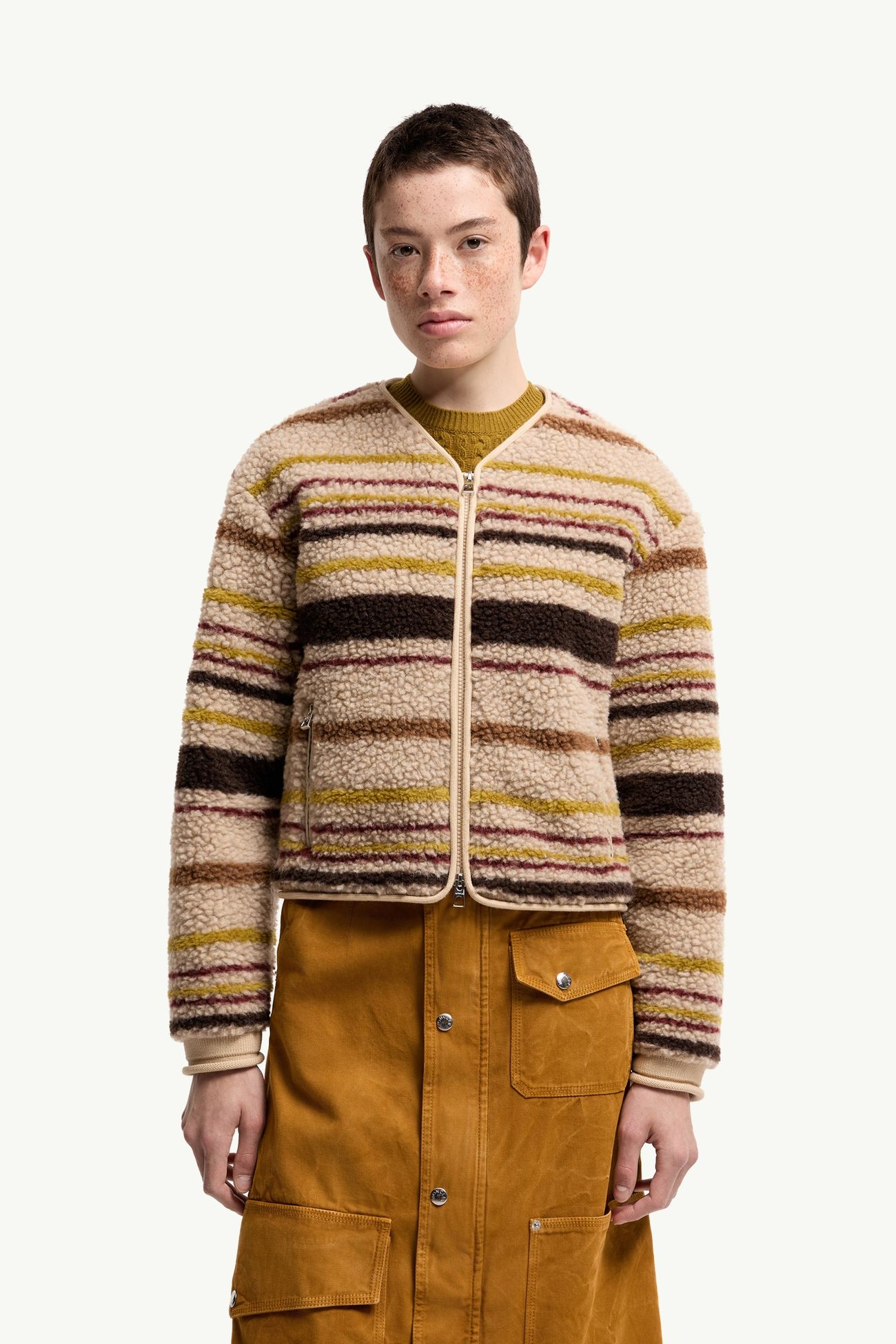 Cardigan con zip effetto teddy a righe Donna Beige & Marrone Moncler 3