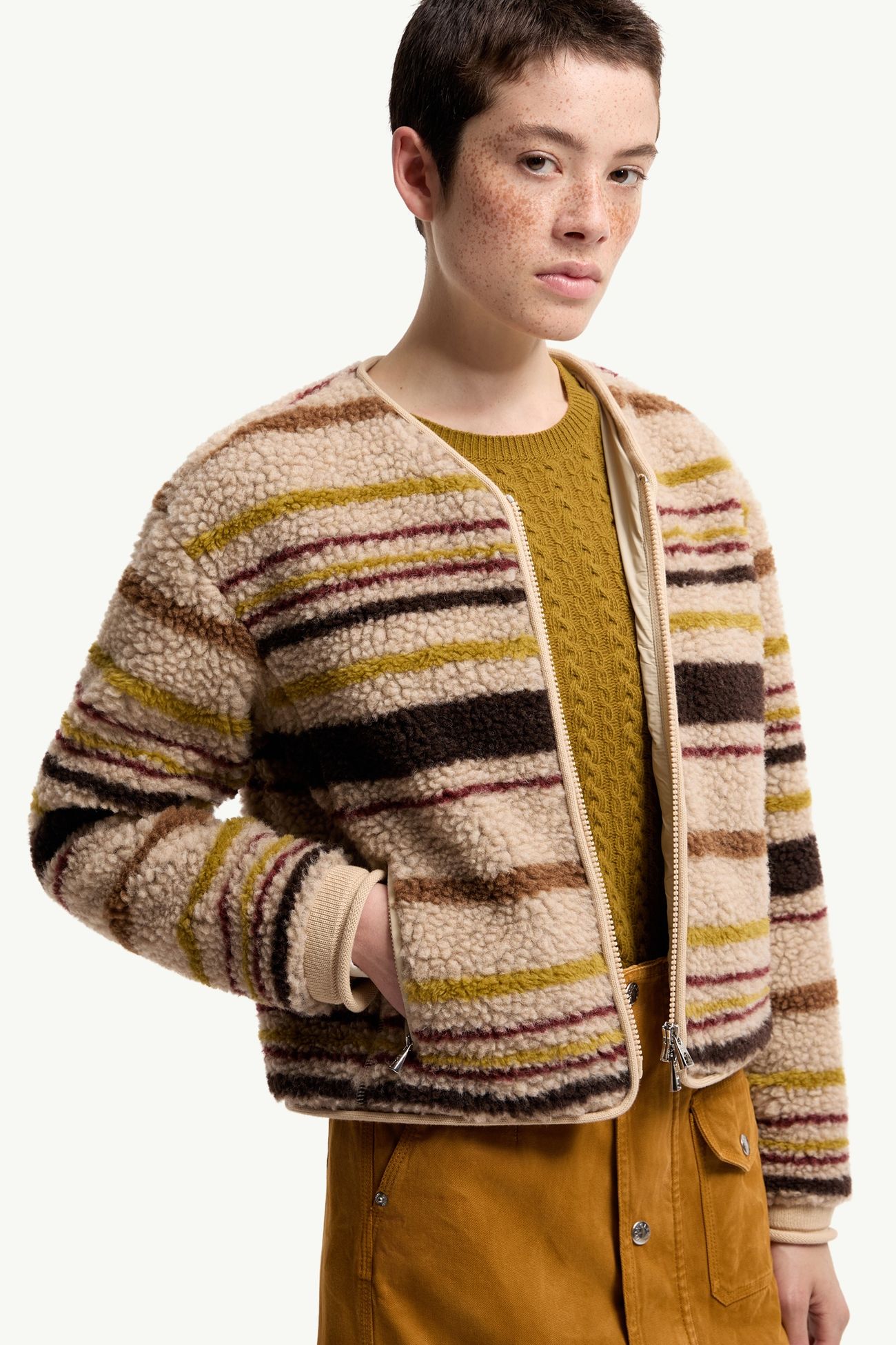 Striped Teddy Zip-Up Cardigan Women Beige & Brown Moncler 5