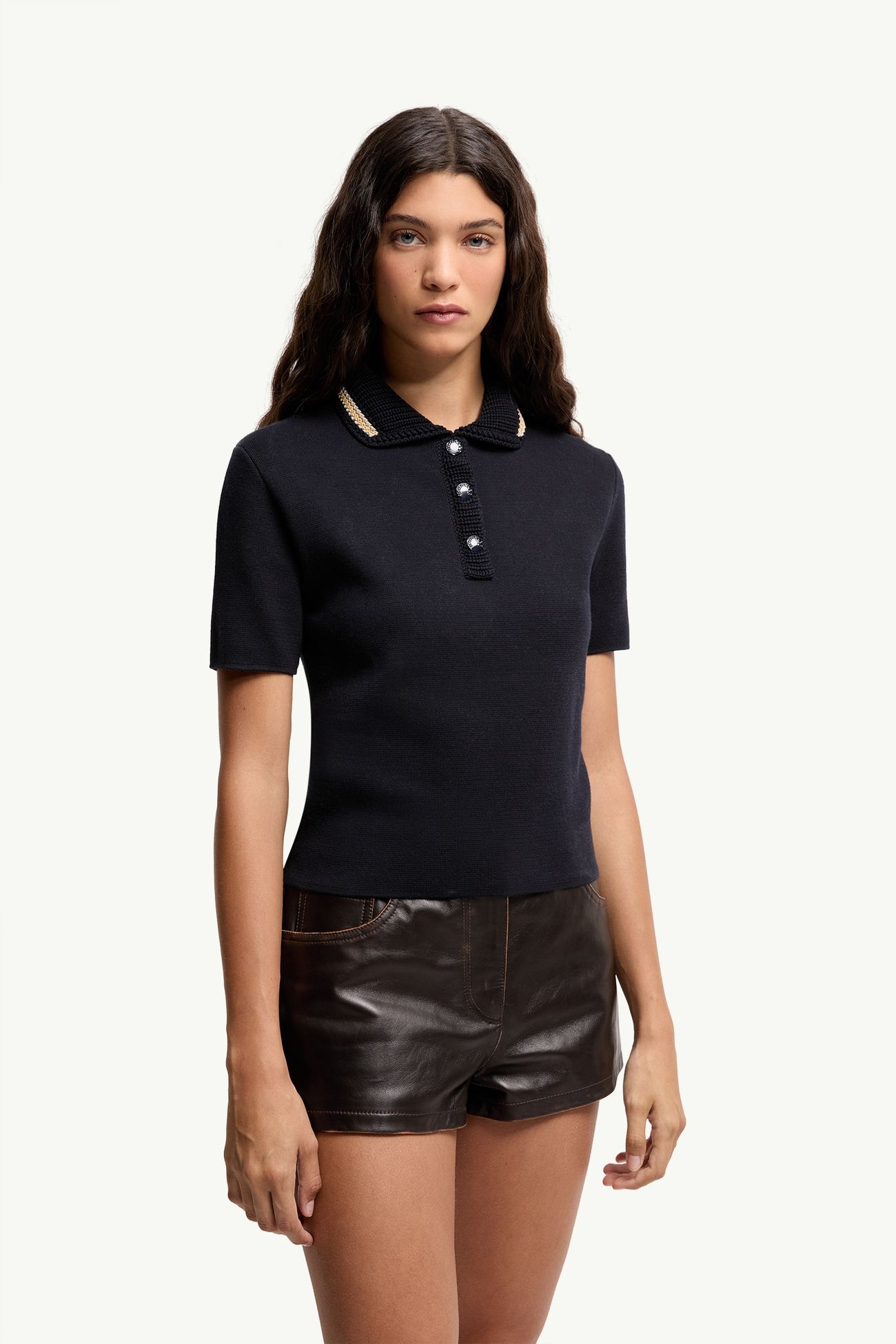 Cotton Knit Polo Shirt Women Navy Blue Moncler 3
