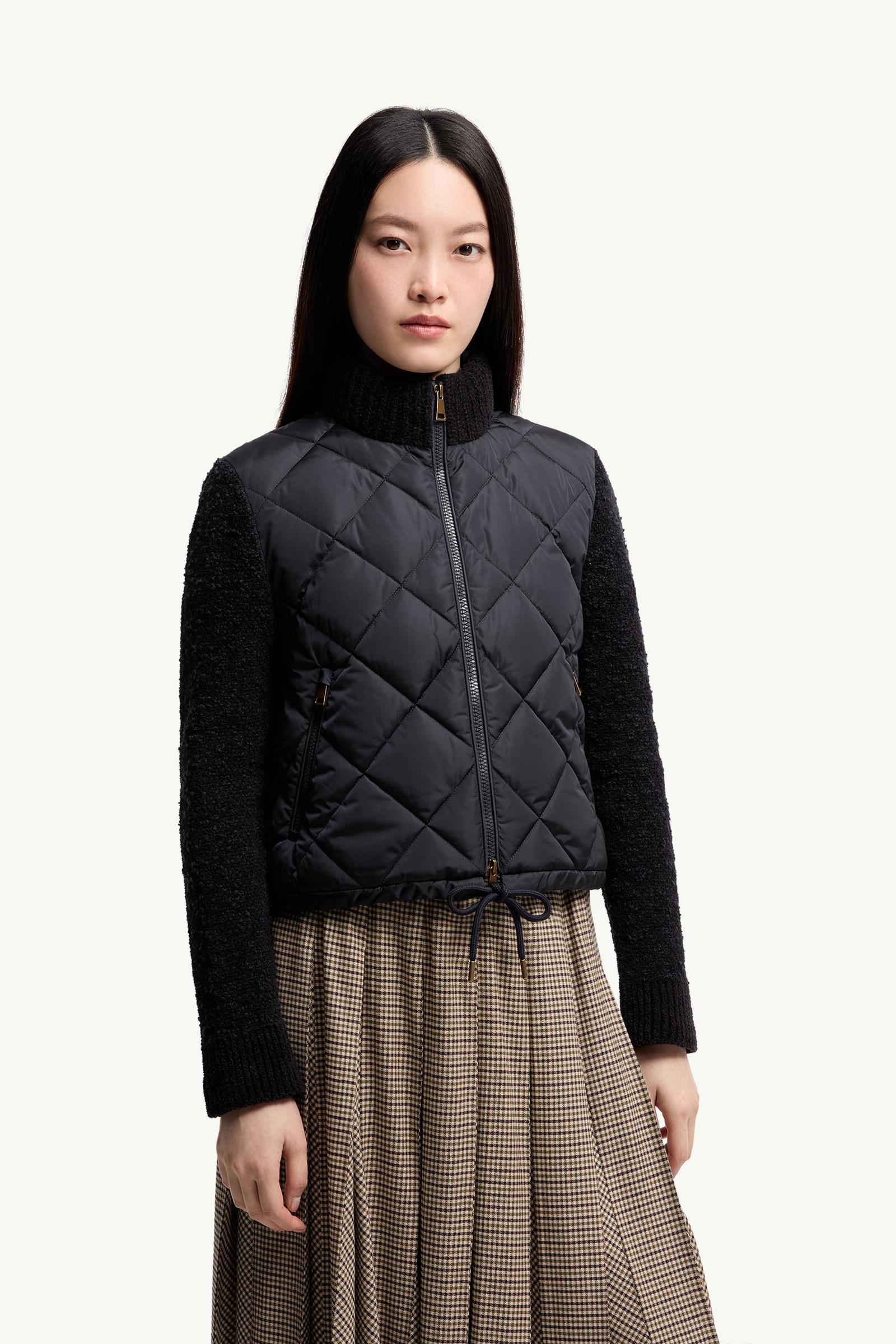 Navy Blue Cotton Blend Padded Zip-Up Cardigan - Sweaters