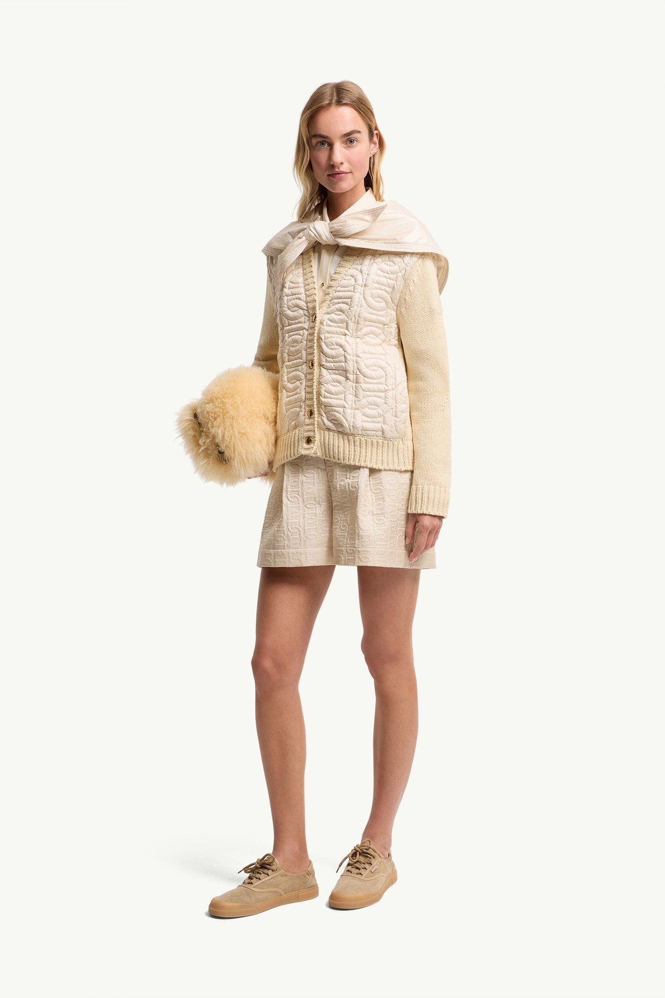 Chain Quilted Padded V-Neck Cardigan Women Light Beige Moncler 0