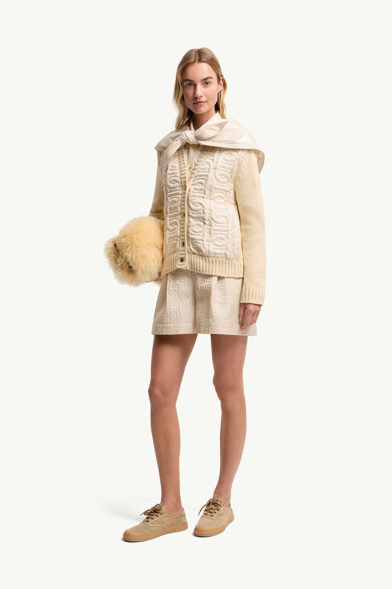 女士链条绗缝加衬V领开衫 女士 浅米色 Moncler 0