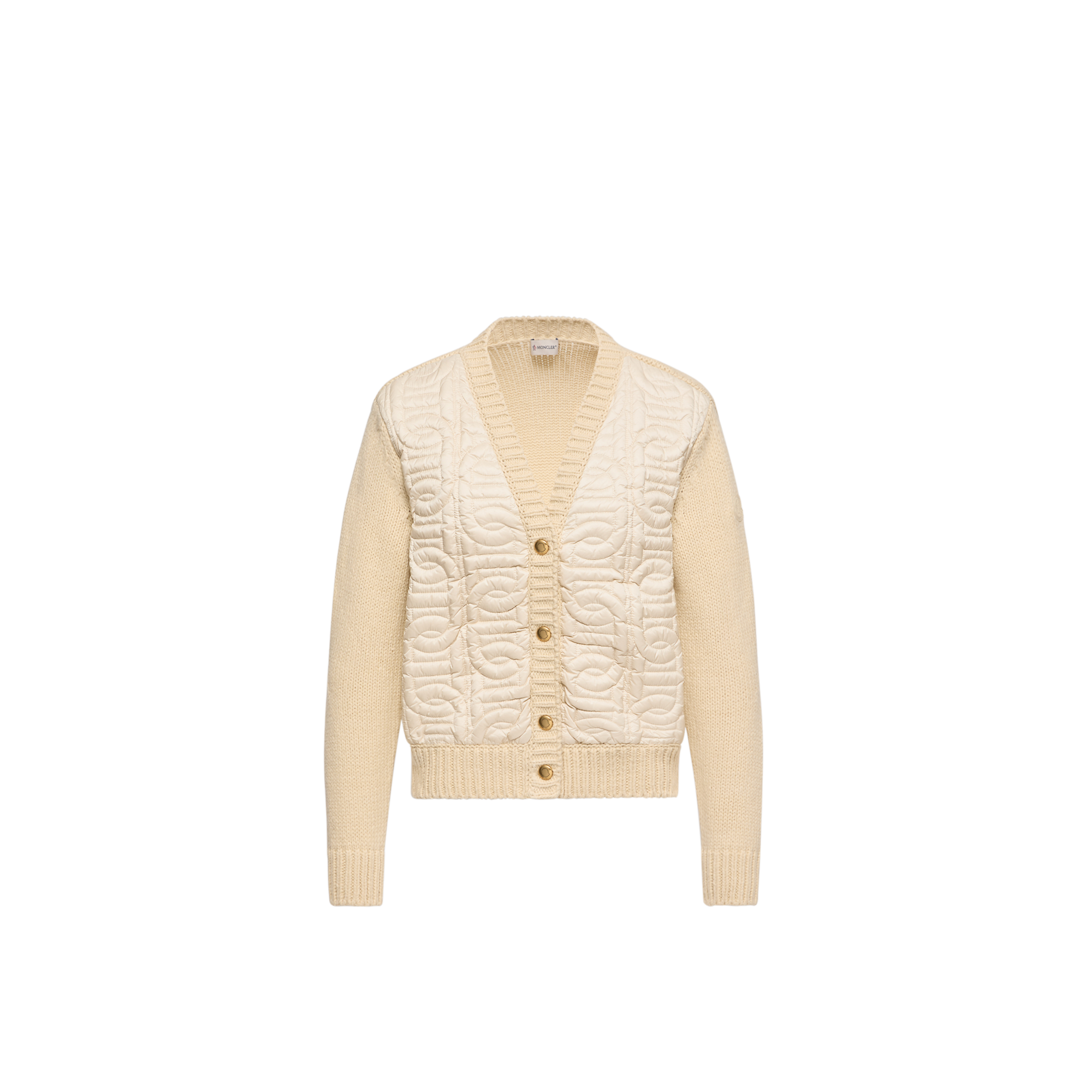Moncler   Chain Quilted Padded V-Neck Cardigan for Women in Beige, Size: Xs