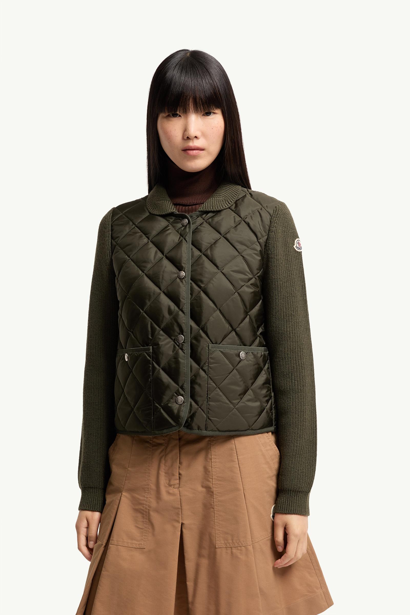 Dark Green Diamond Quilted Padded Wool Cardigan - Sweaters