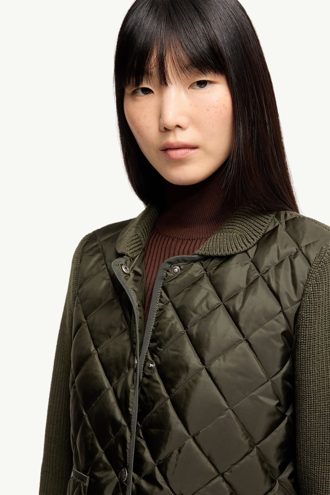 다이아몬드 퀼팅 패딩 울 카디건 여성 다크 그린 Moncler 5