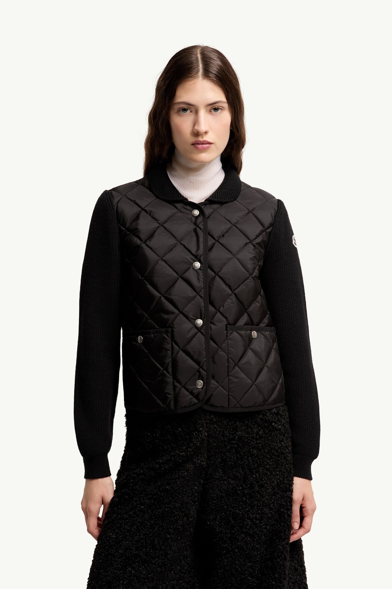 菱形絎縫夾層羊毛開襟毛衣 女士 黑色 Moncler 3