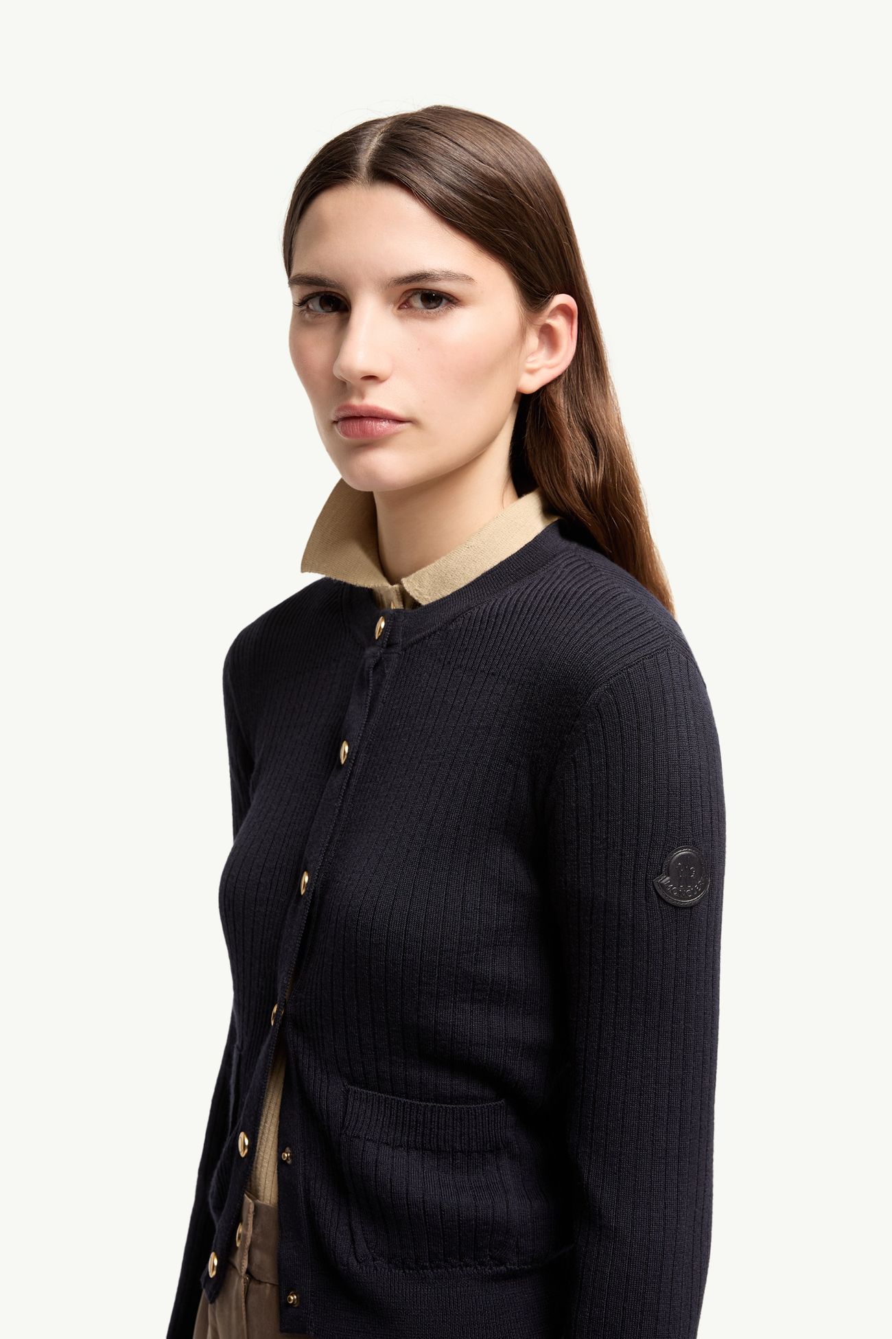 皮革標誌羊毛混紡開襟毛衣 女士 深藍色 Moncler 1
