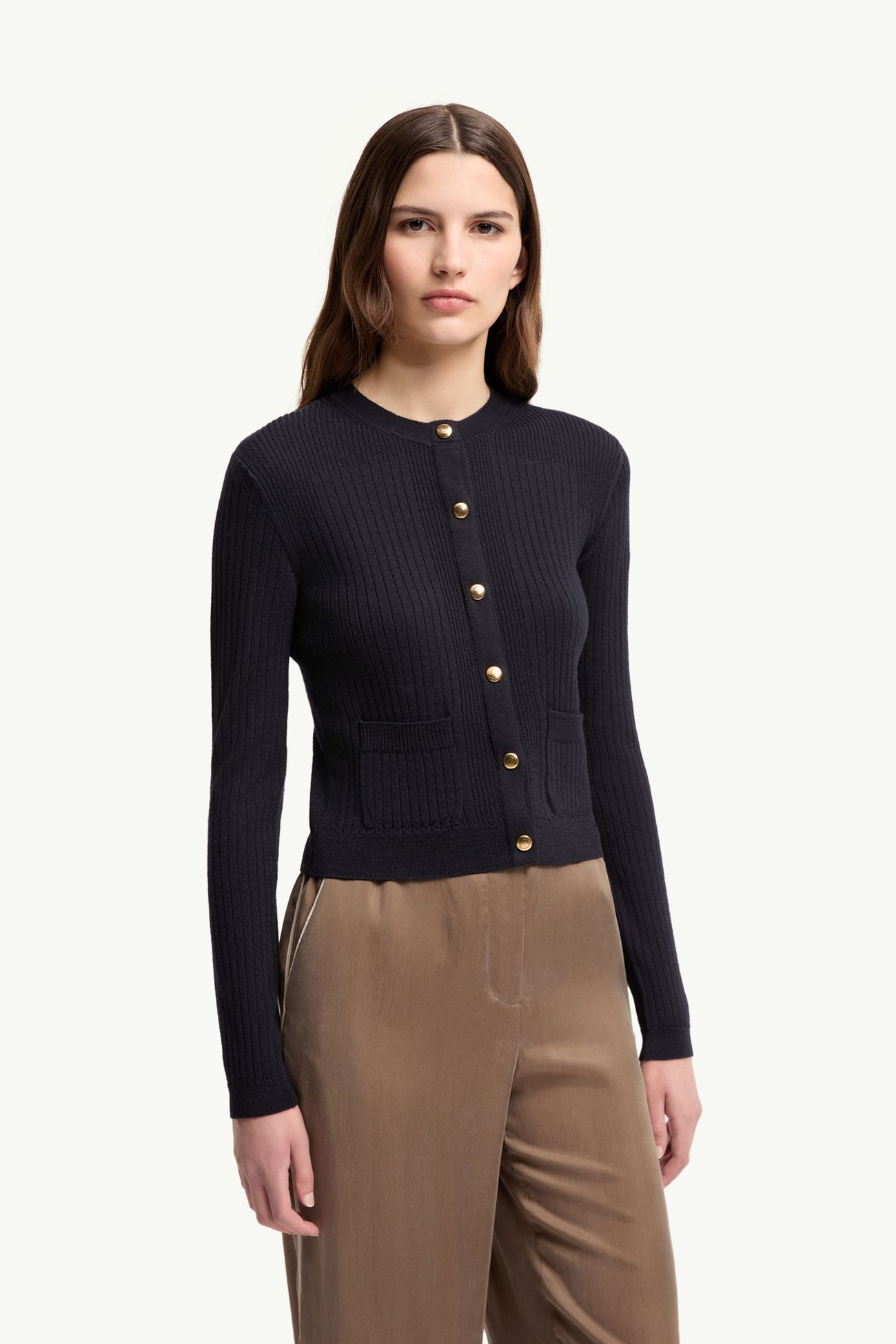 Leather Logo Wool Blend Cardigan Women Dark Blue Moncler 3