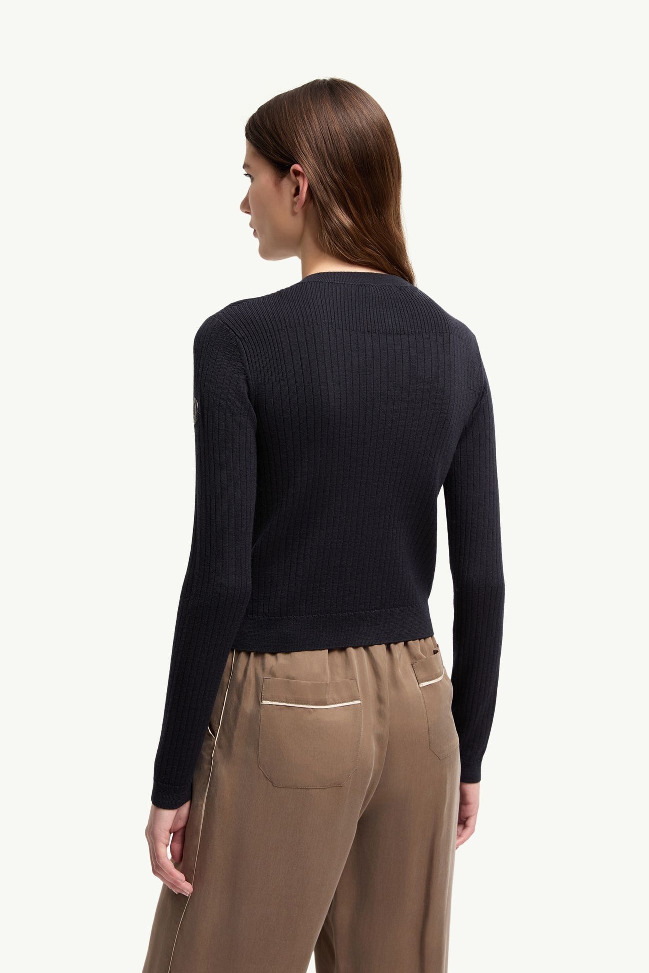Cardigan en laine mélangée à logo en cuir Femmes Bleu foncé Moncler 4