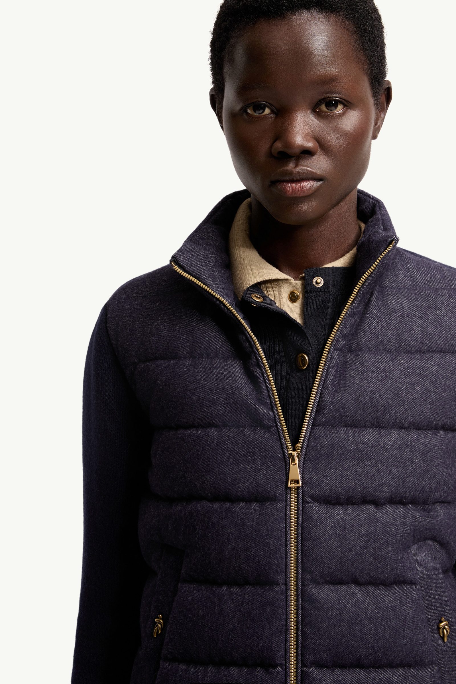 Navy Blue Wool & Cashmere Padded Zip-Up Cardigan - Sweaters