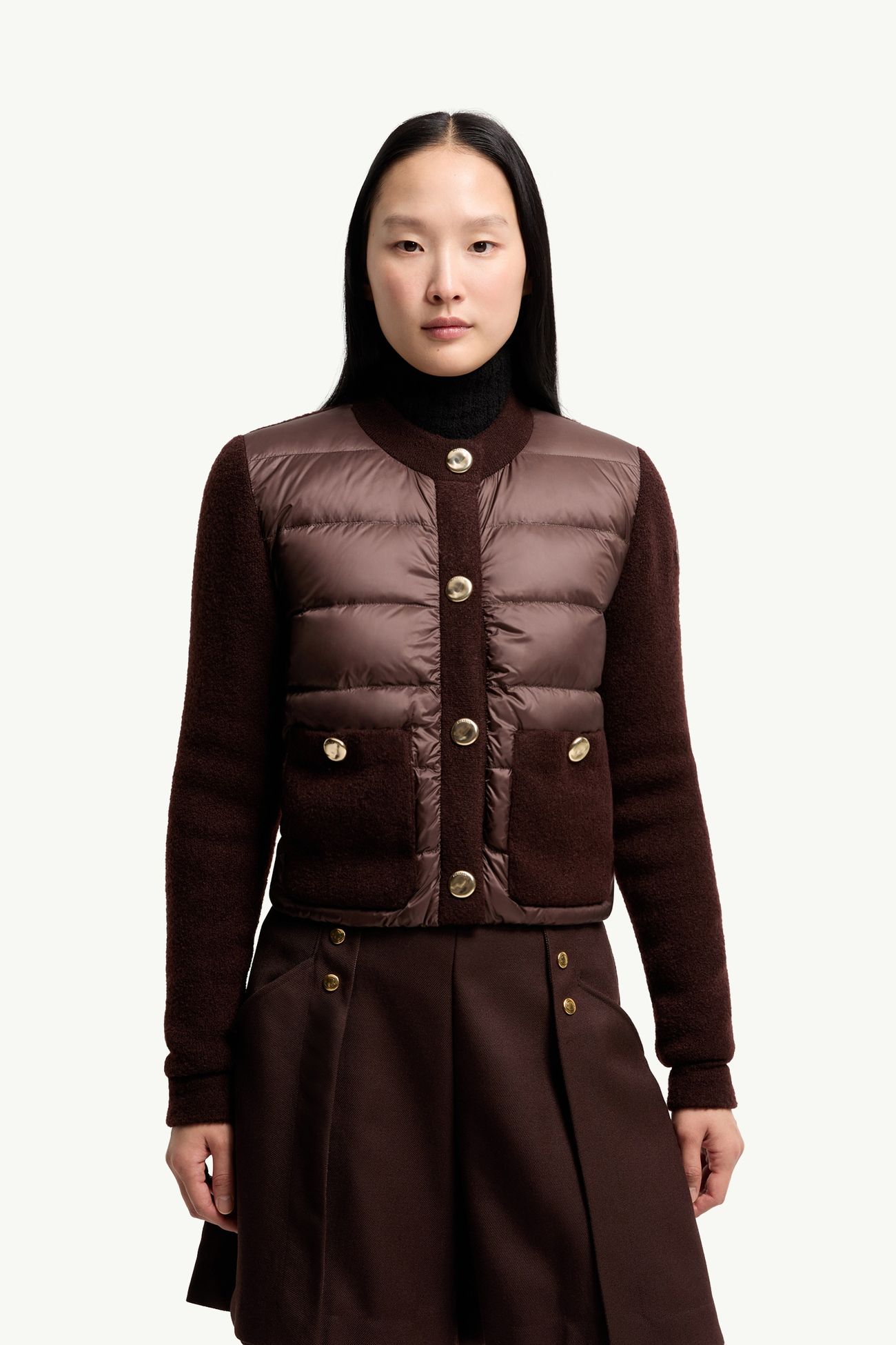 毛圈布羊毛混紡夾層開襟毛衣 女士 啡色 Moncler 3