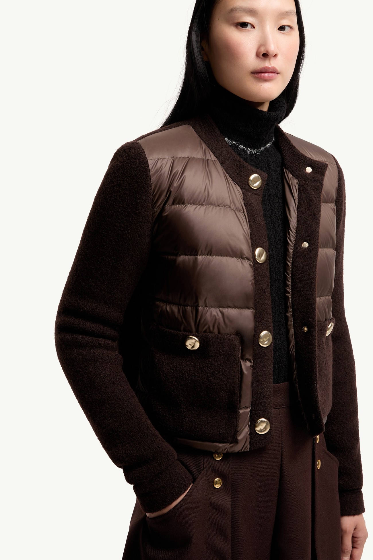 毛圈布羊毛混紡夾層開襟毛衣 女士 啡色 Moncler 5