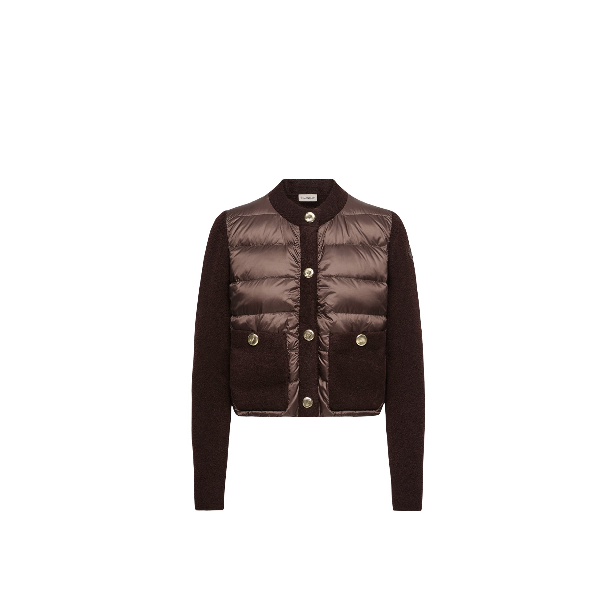 Moncler Bouclé Wool Blend Padded Cardigan for Women in Brown, Size: Xs - Image 1