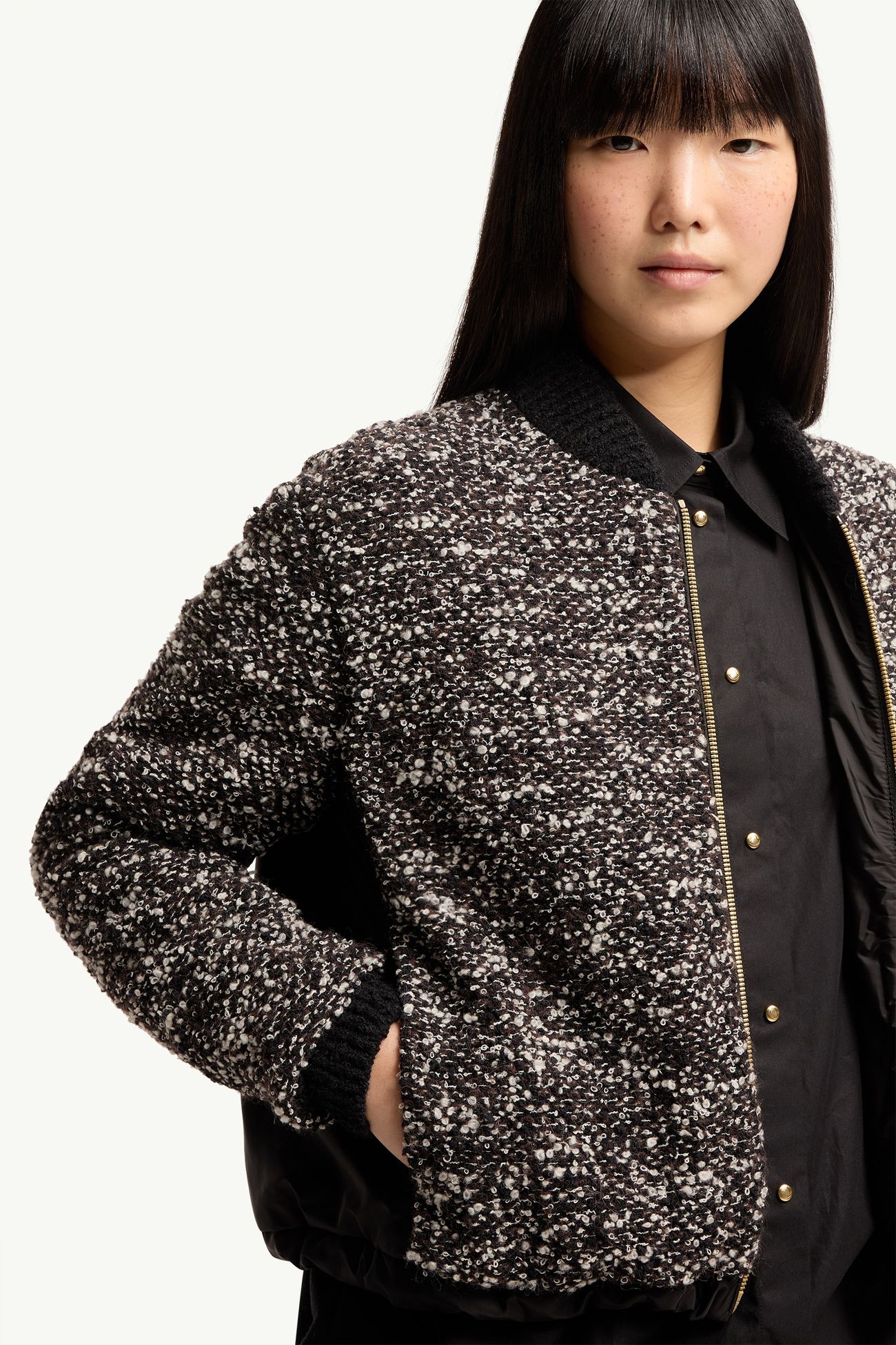 Wattierte Strickjacke mit Reißverschluss und Lederlogo Damen Dunkelgrau Moncler 5
